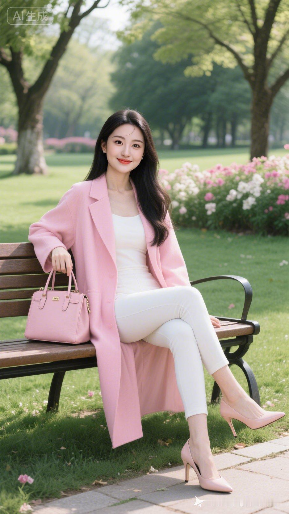 她坐在公园长椅上，穿着粉色套装，好温柔！