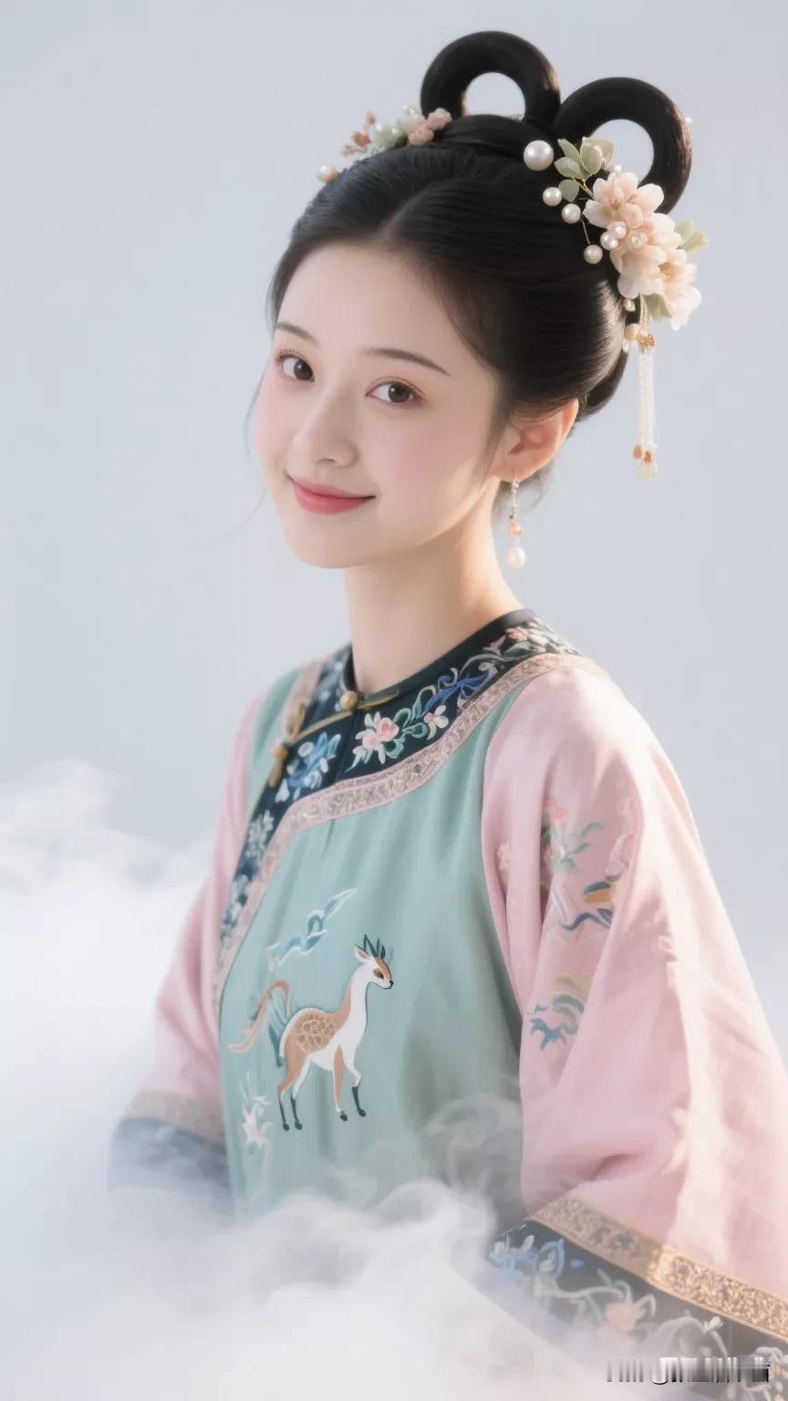 古风少女，花簪发髻，温婉动人，云雾缭绕中，宛如仙子。张立启原创书画AI作品首发 