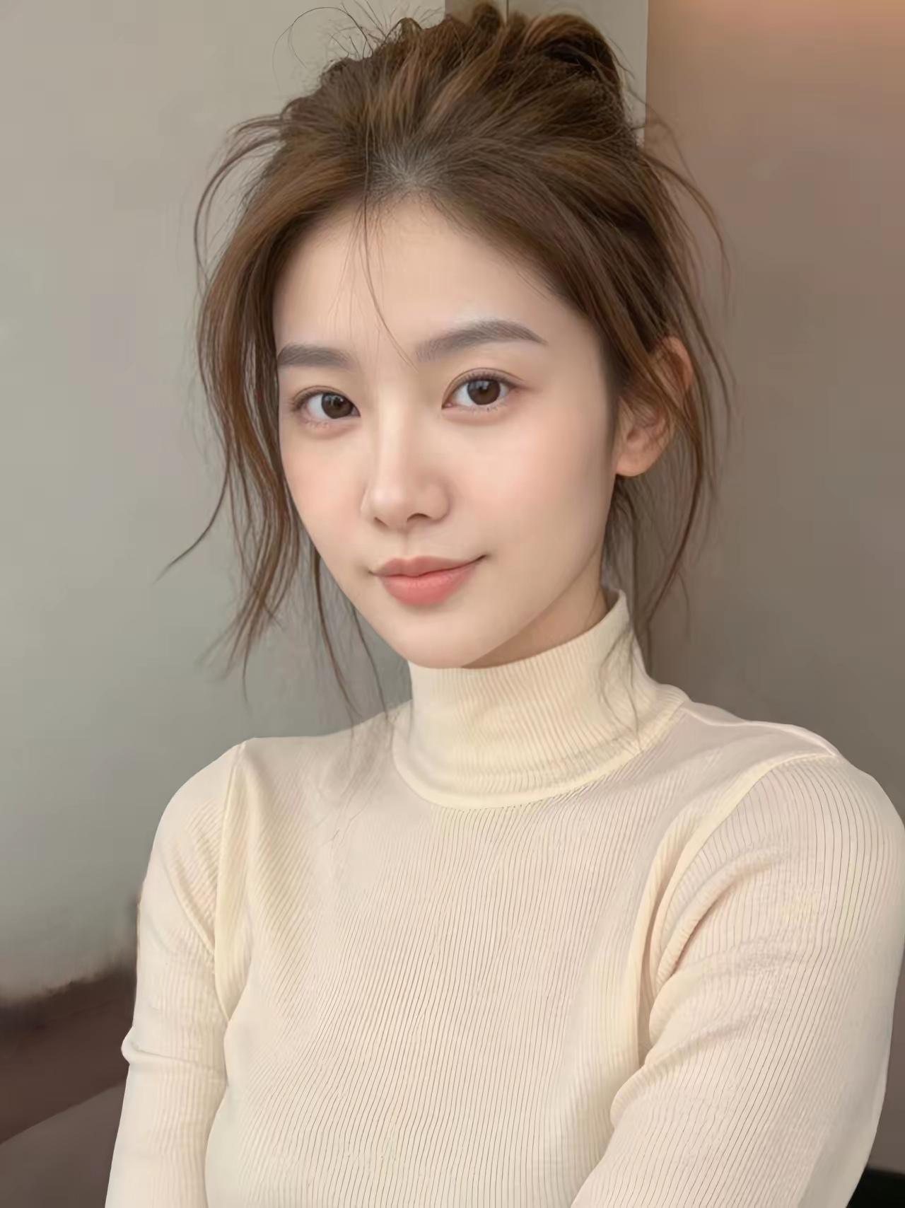温柔甜美的女孩，浅棕色头发，穿着米色高领毛衣，微笑着看向镜头。