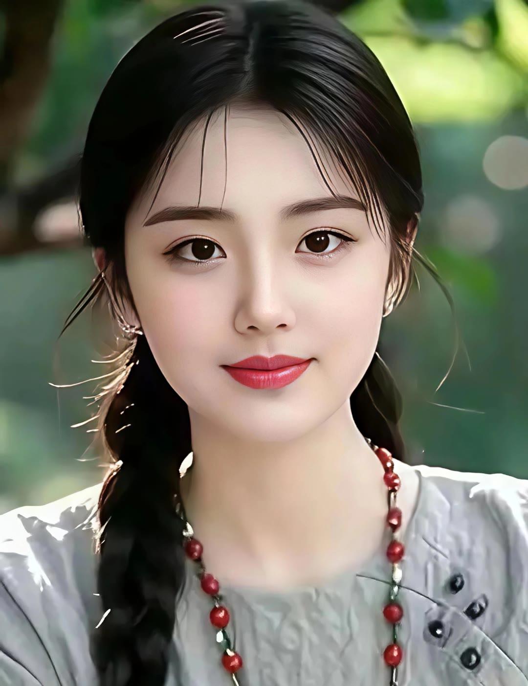 温柔古风少女，红珠项链点缀，自然光下更显清新动人。