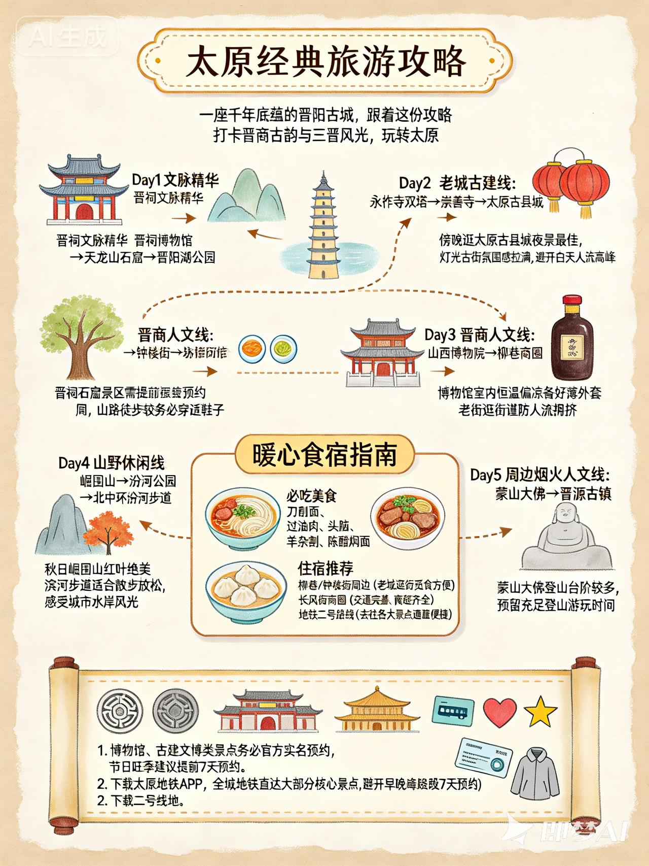 太原5天经典旅游攻略：
城市简介：千年晋阳古都，漫步三晋大地，览古建文脉、汾河风