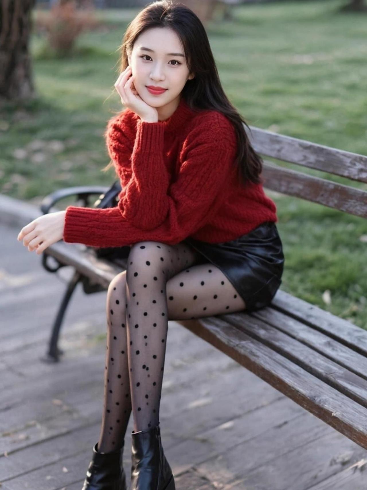 《秋阶》
暖衫裹得日微醺，
波点轻笼玉腿匀。
长椅斜依风里树，
笑涡藏住一园秋。