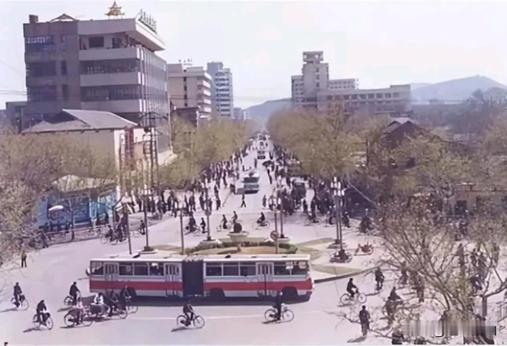 这是七十年代徐州市的主干道淮海路，街上除1路2路大通道公交车外，无小车都是骑自行