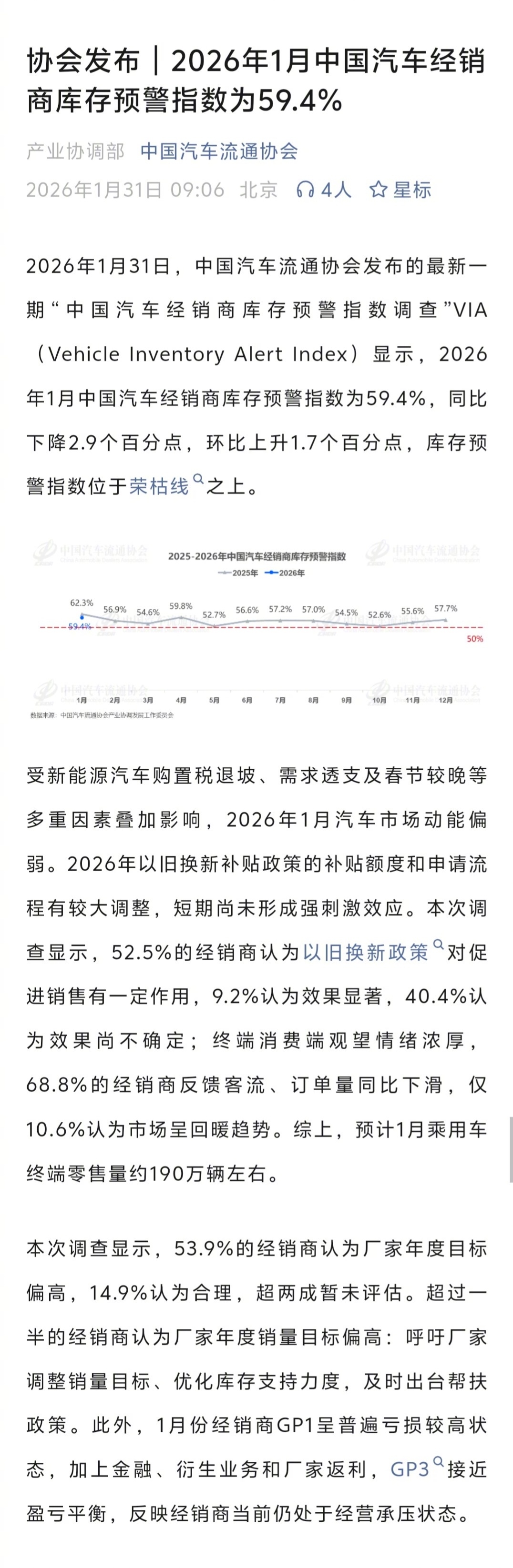 1月31日，中国汽车流通协会发布的最新一期“中国汽车经销商库存预警指数调查”VI