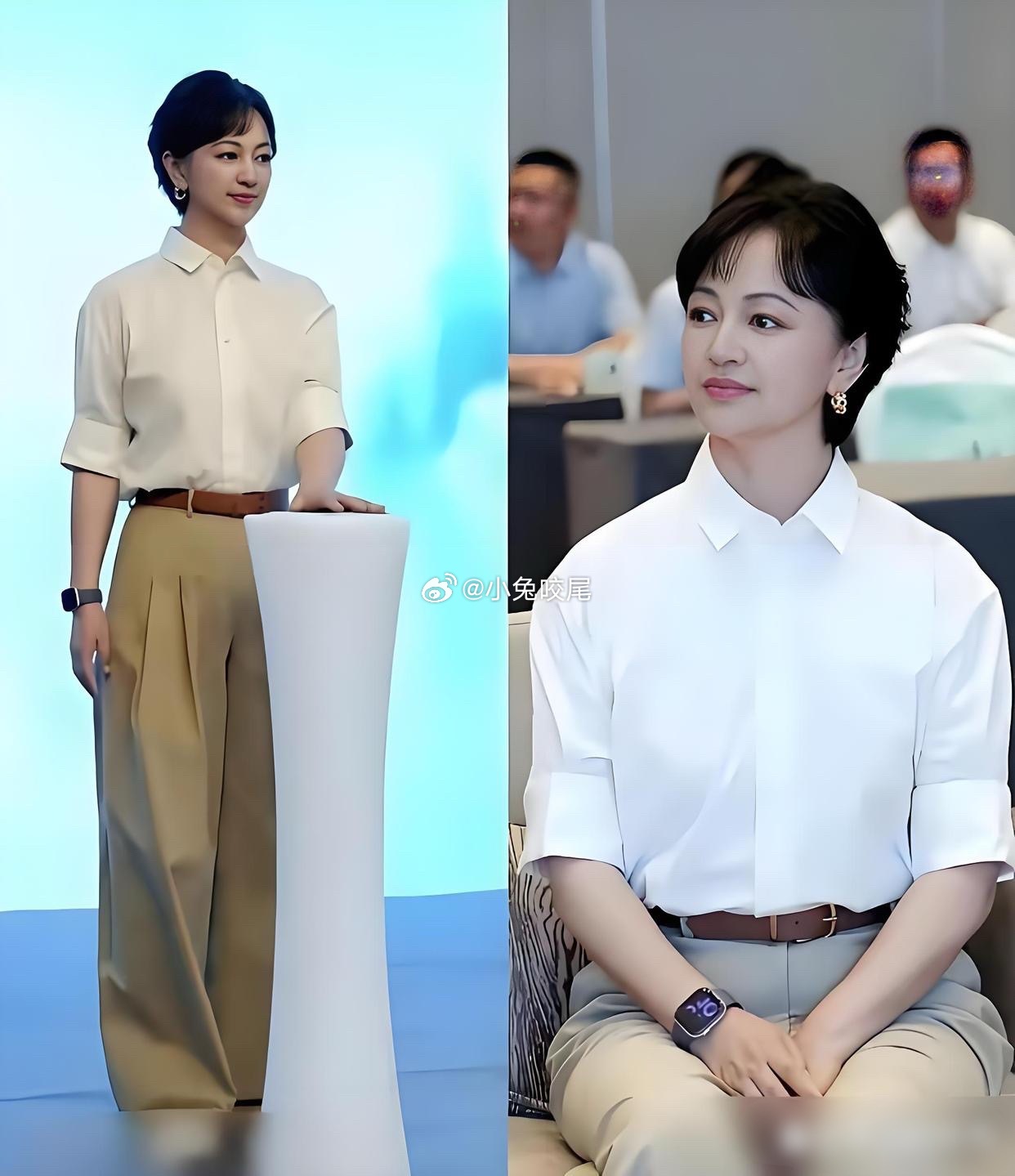 华谊副总裁夫人走红毯，不穿礼服穿白衬衫卡其裤小白鞋，素颜就上去了。 ​​​