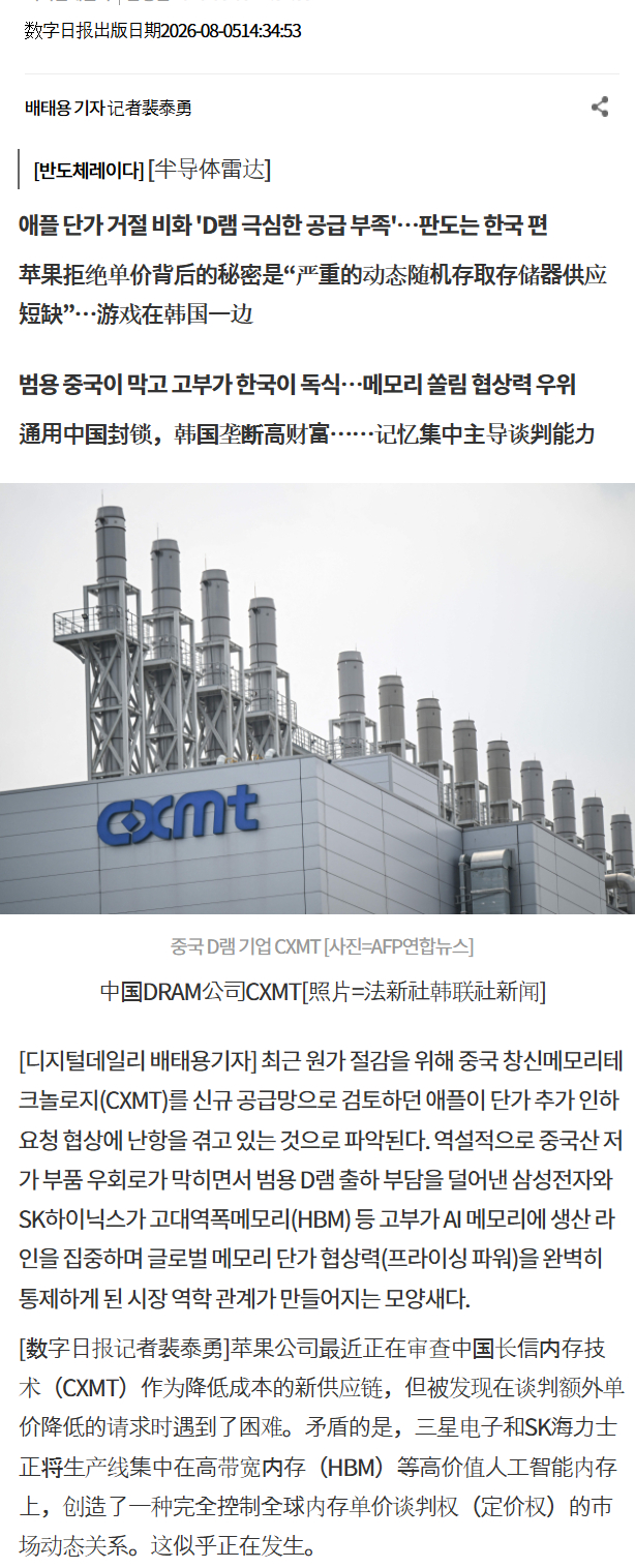 最近2个疯传的消息 ① ：Apple 公司找 CXMT 商谈低价格DRAM 被拒