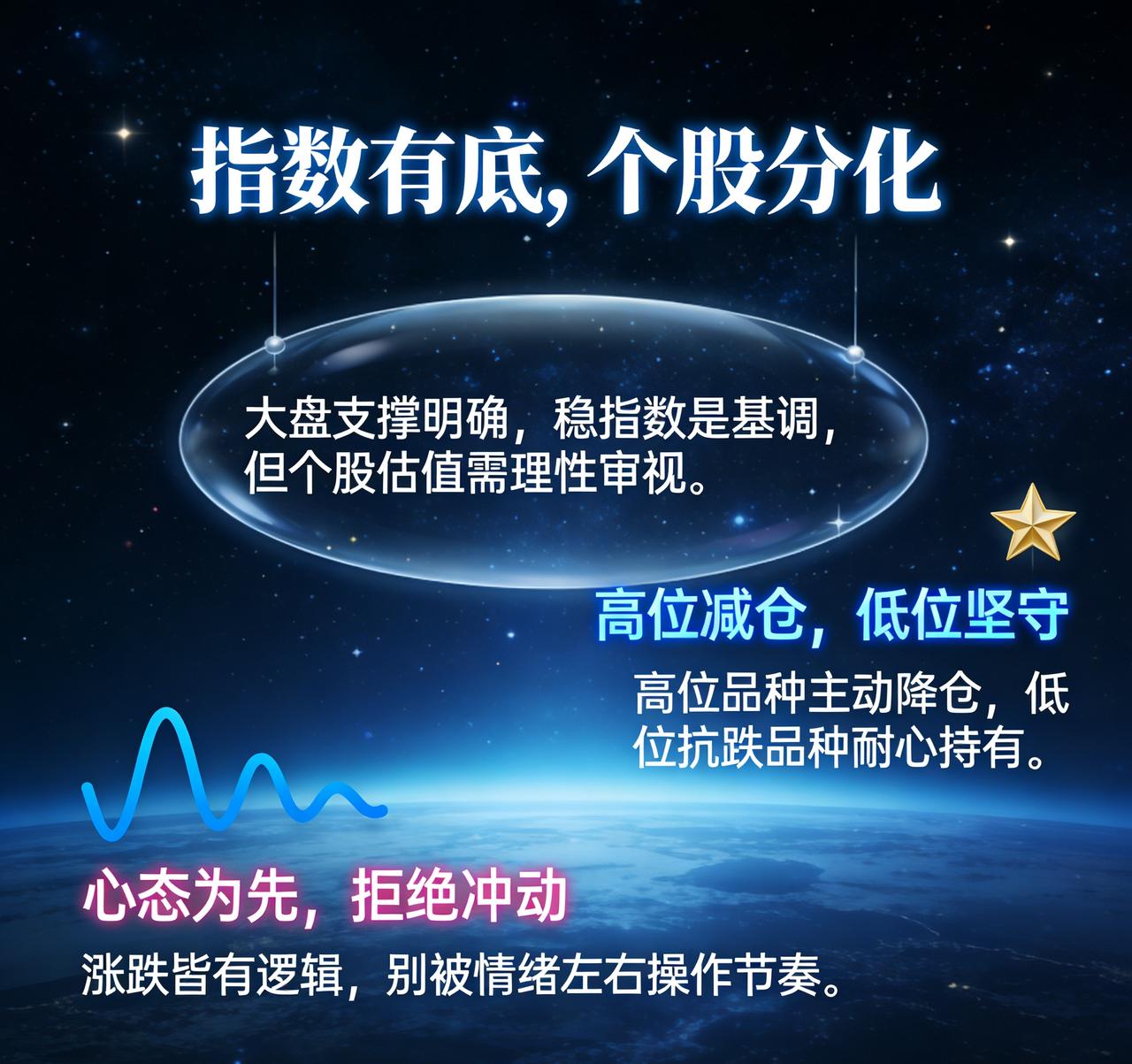 静观盘面   指数有底个股分化  高位减仓低位坚守  勿被涨跌左右操作节奏

股