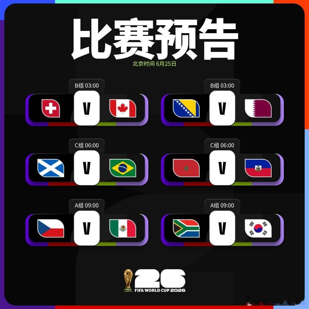 📌世界杯小组赛第三轮比赛预告B组瑞士🆚加拿大⏰北京时间6月25日03:00B