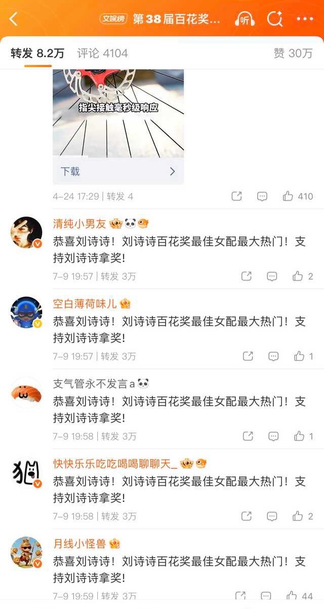 刘诗诗提名百花奖最佳女配角热度登顶TOP1前排和转发区全部拿下狮子好猛