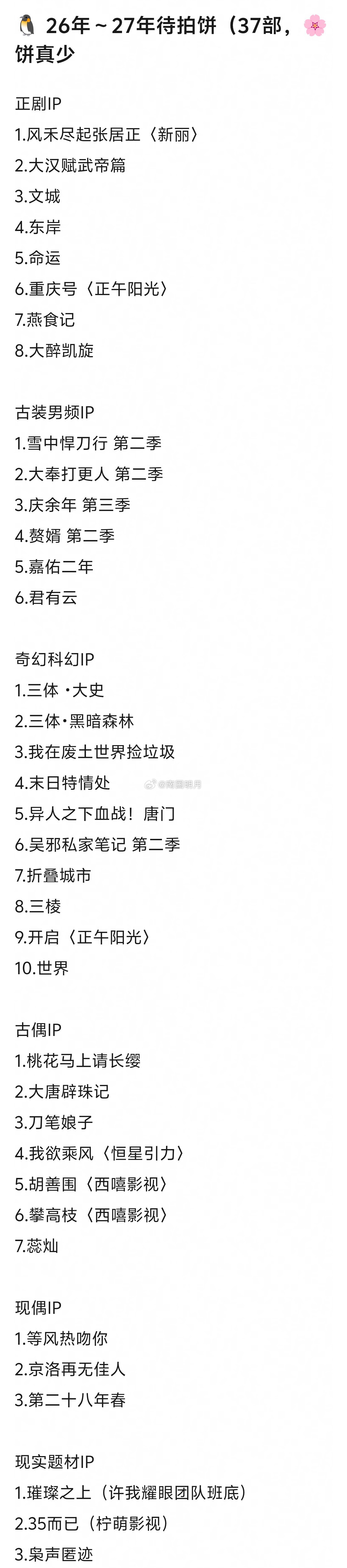 🐧今年到明年37部待拍剧汇总，包含：正剧ip、古装男频ip、奇幻科幻ip、古装