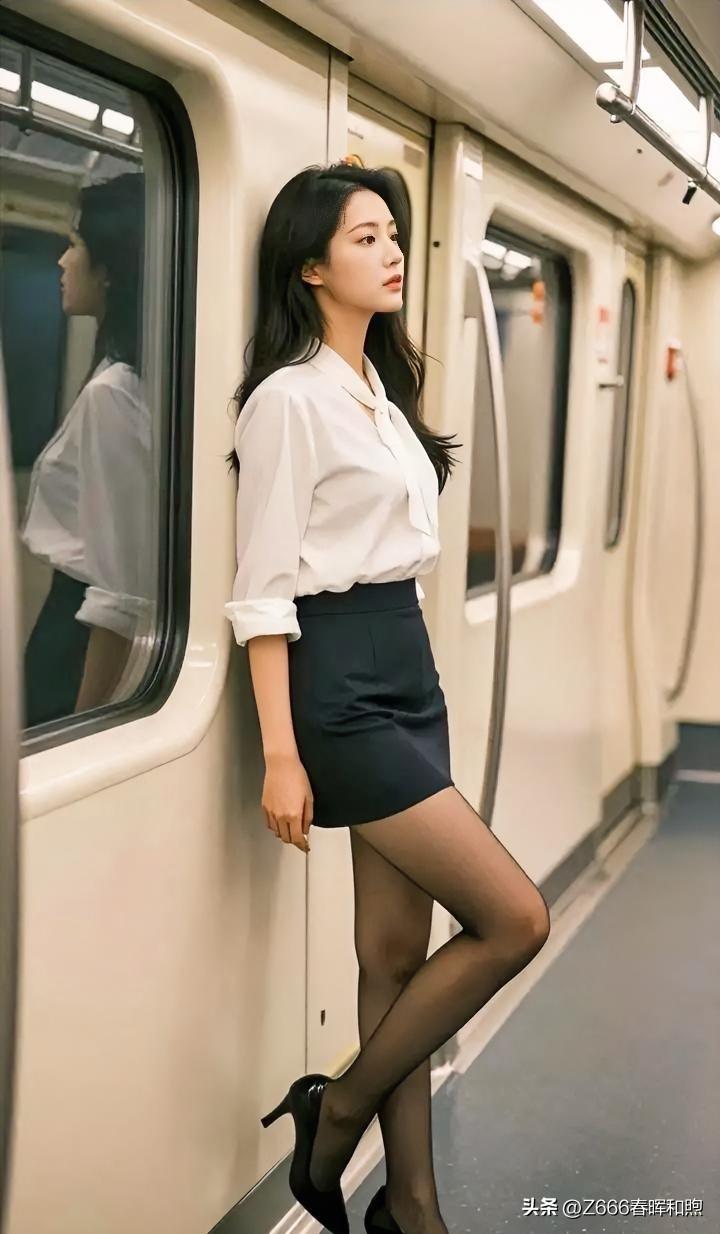 车厢一隅，光影交织成诗。素白领口系着从容，墨色裙摆勾勒优雅。纤姿轻倚，倒影与侧颜