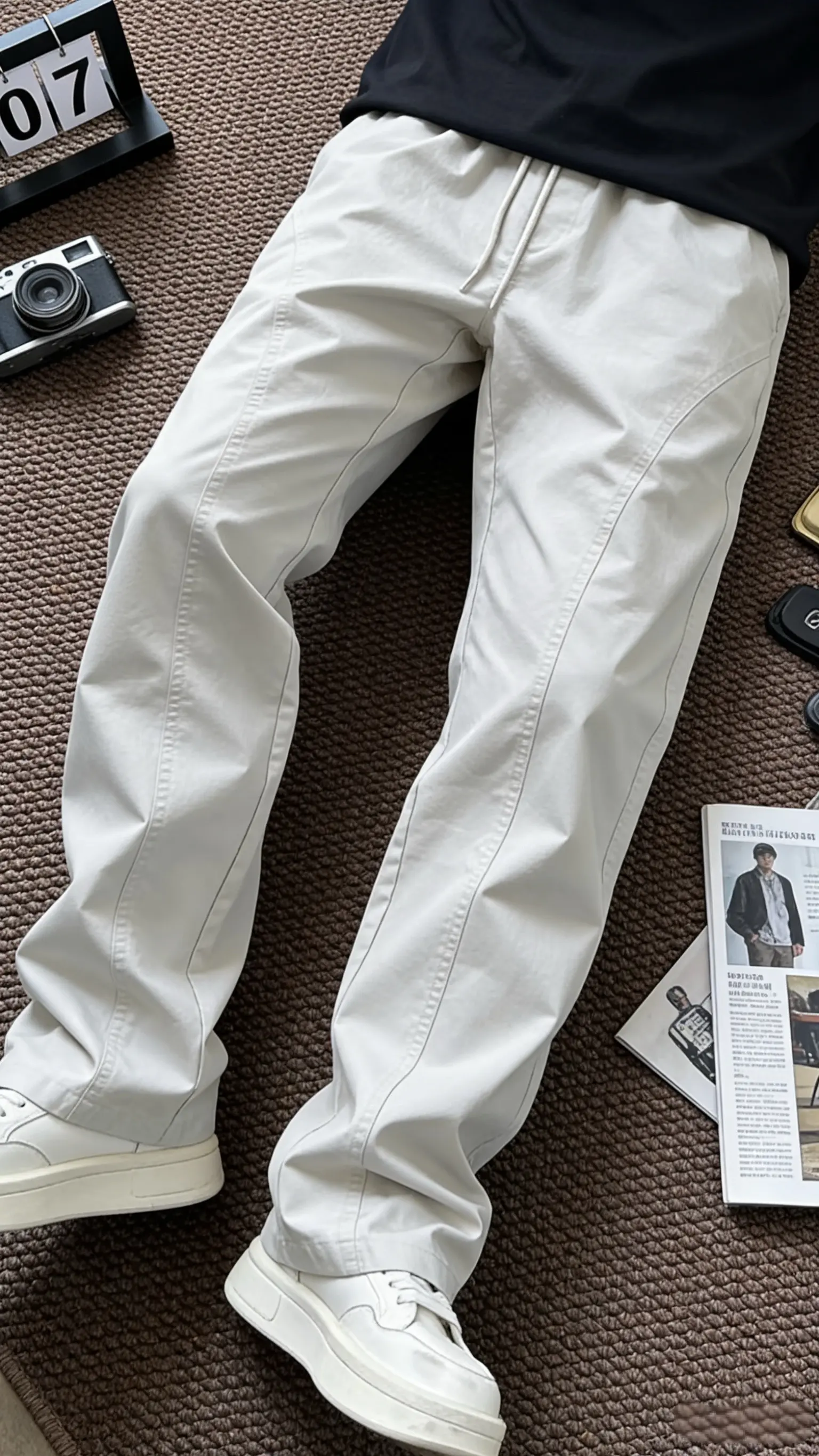基础斜切休闲裤男春季工装直筒宽松显高显瘦百搭微喇长裤