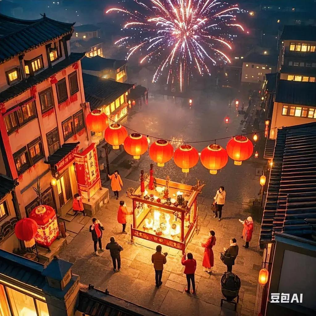 夜幕下的古镇，烟花绽放，热闹非凡，传统与现代交相辉映。