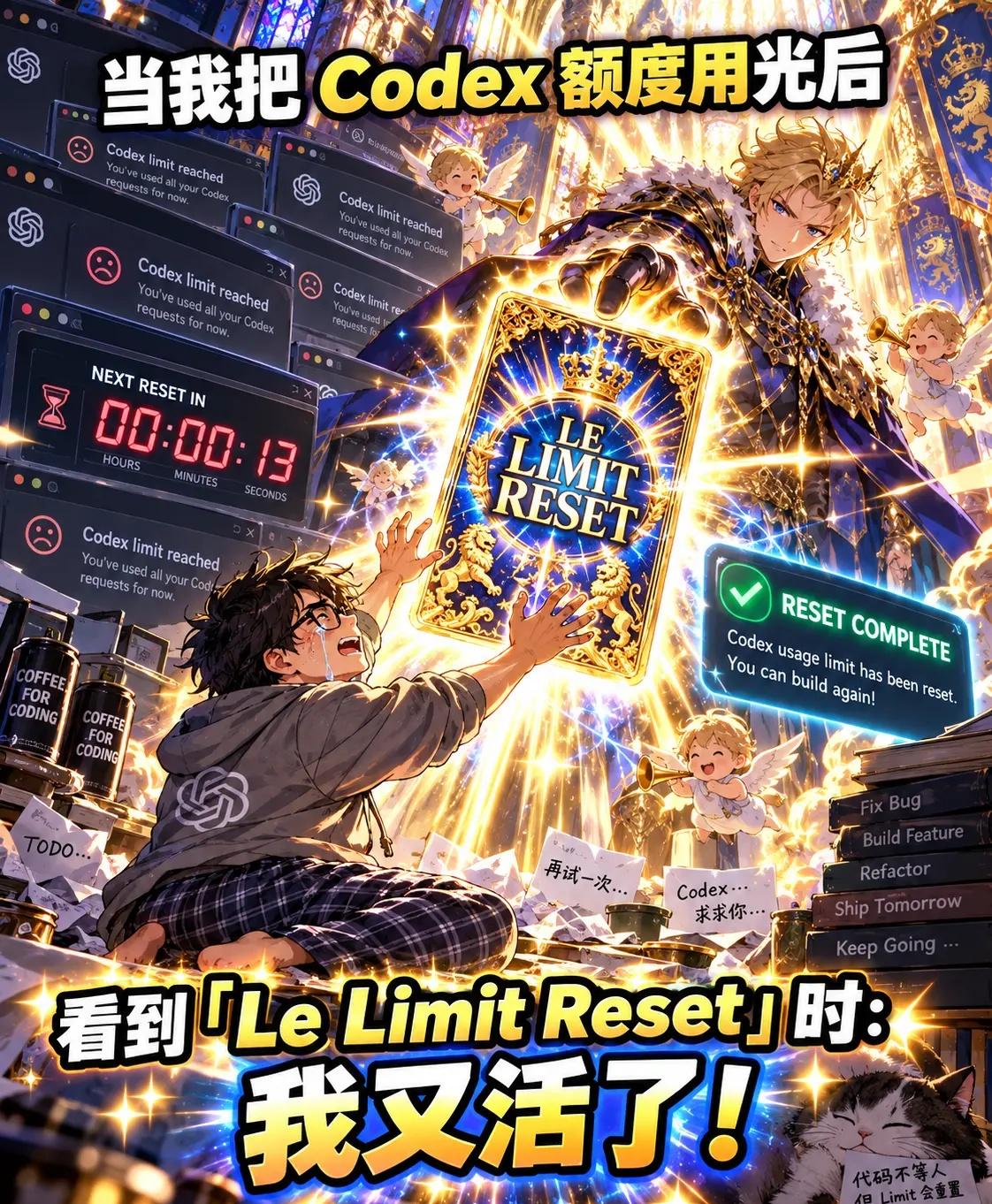 又重置。别人等的是 GPT 新模型，我等的是 Codex 额度重置。😂代码还没