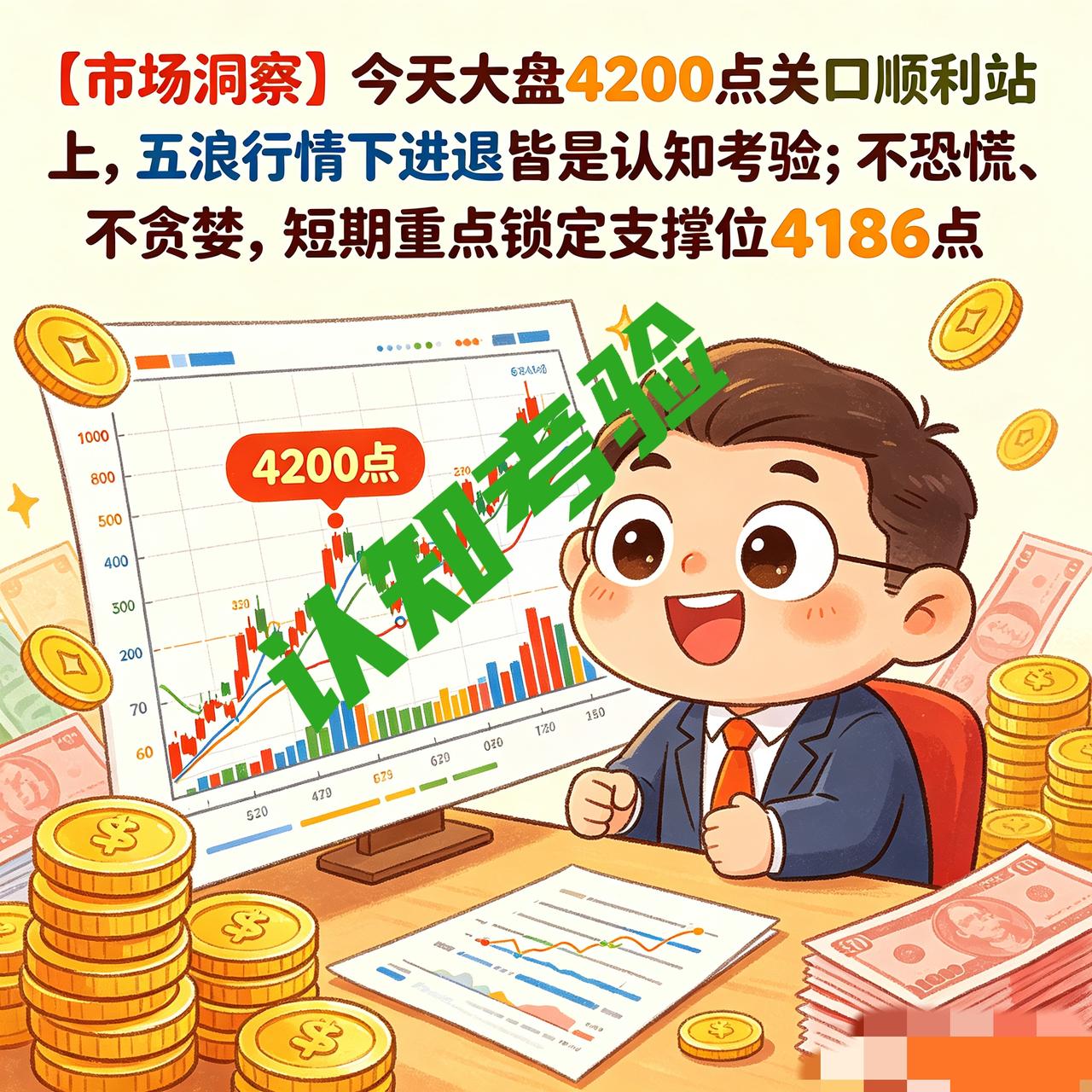 【市场洞察】今天大盘4200点关口顺利站上，五浪行情下进退皆是认知考验；不恐慌、