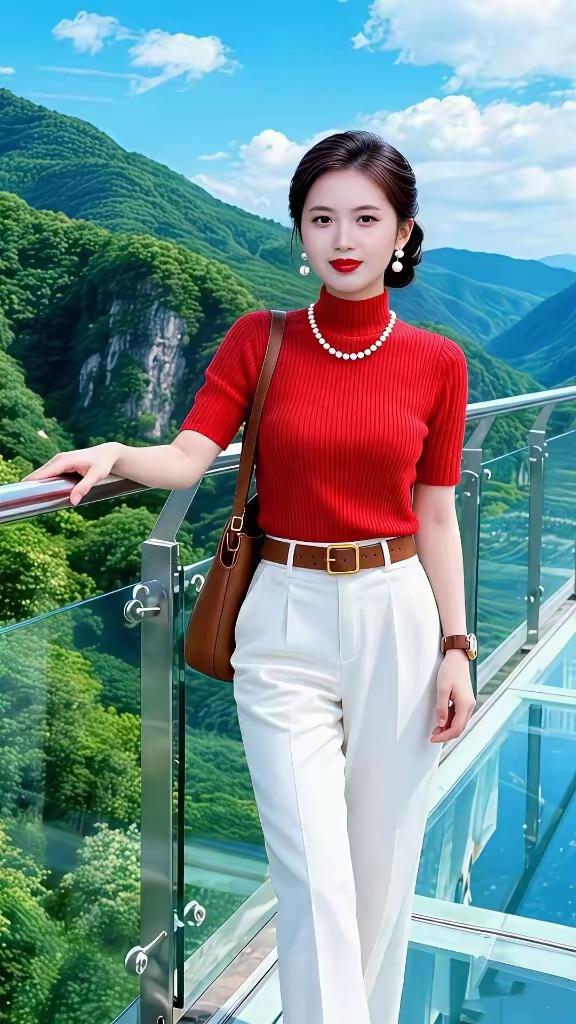 红色毛衣搭配白色长裤，优雅气质，山间美景作背景，尽显自然魅力！