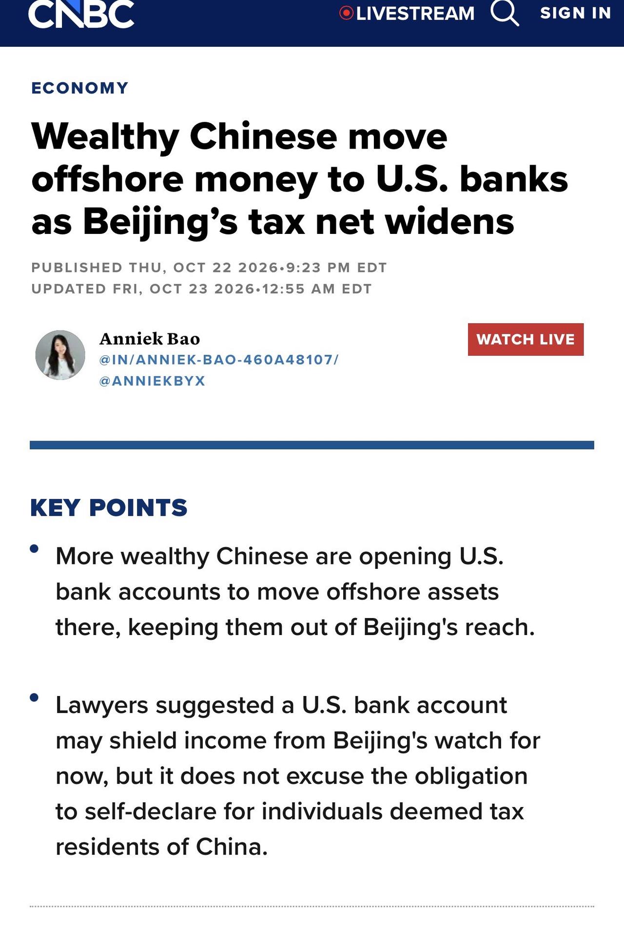 美国媒体报道说，很多中国富豪不想交税，正在把放在新加坡和香港的资金往外转，转到哪