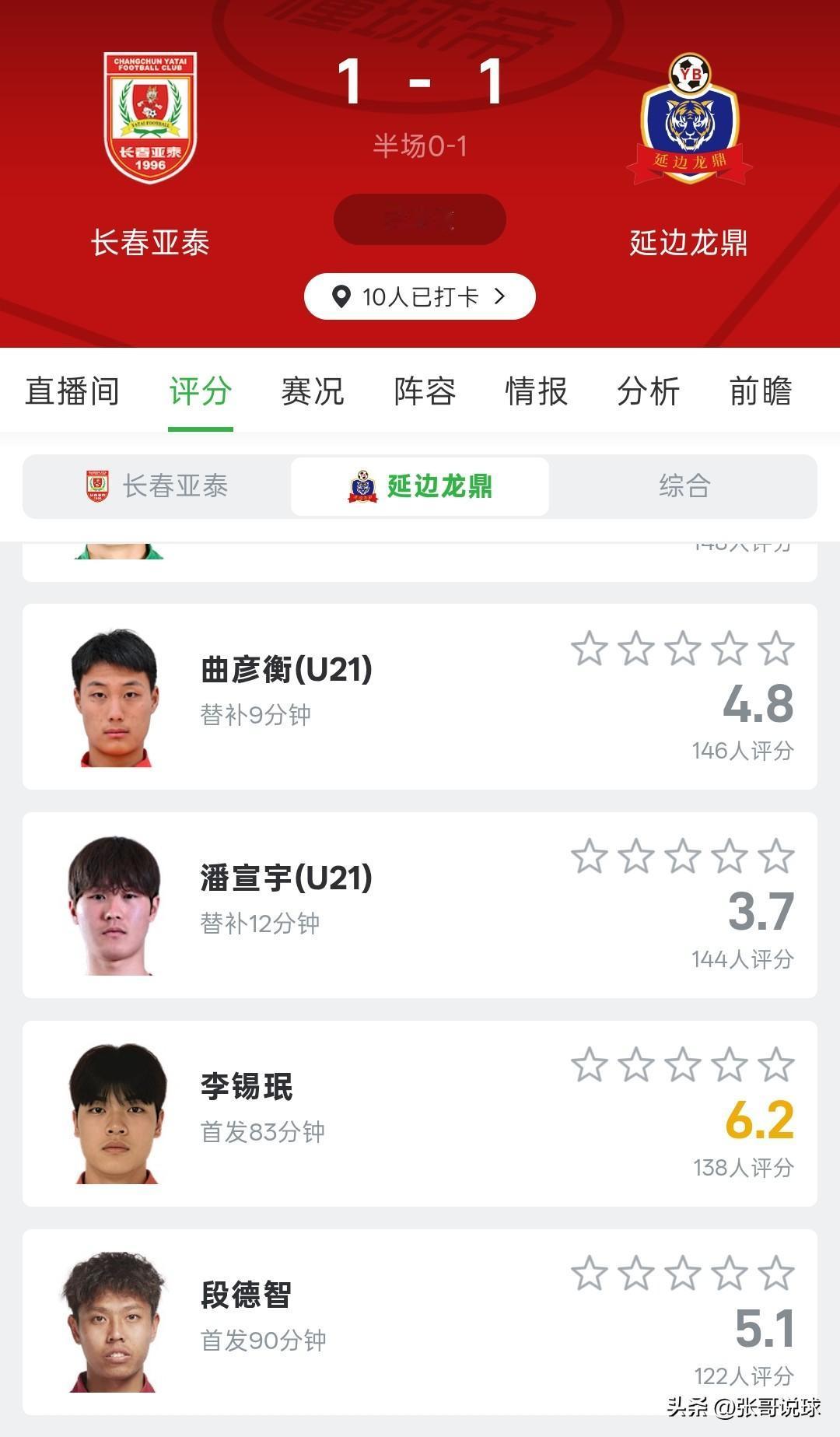 长春亚泰1-1延边龙鼎，延边队最后时刻的换人真是败笔，不知道为啥要换上这个潘宣宇