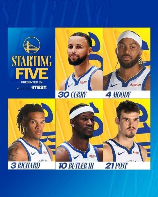 追梦缺阵，理查德提上首发，具体阵容如下库里穆迪理查德巴特勒波斯特热火vs勇士