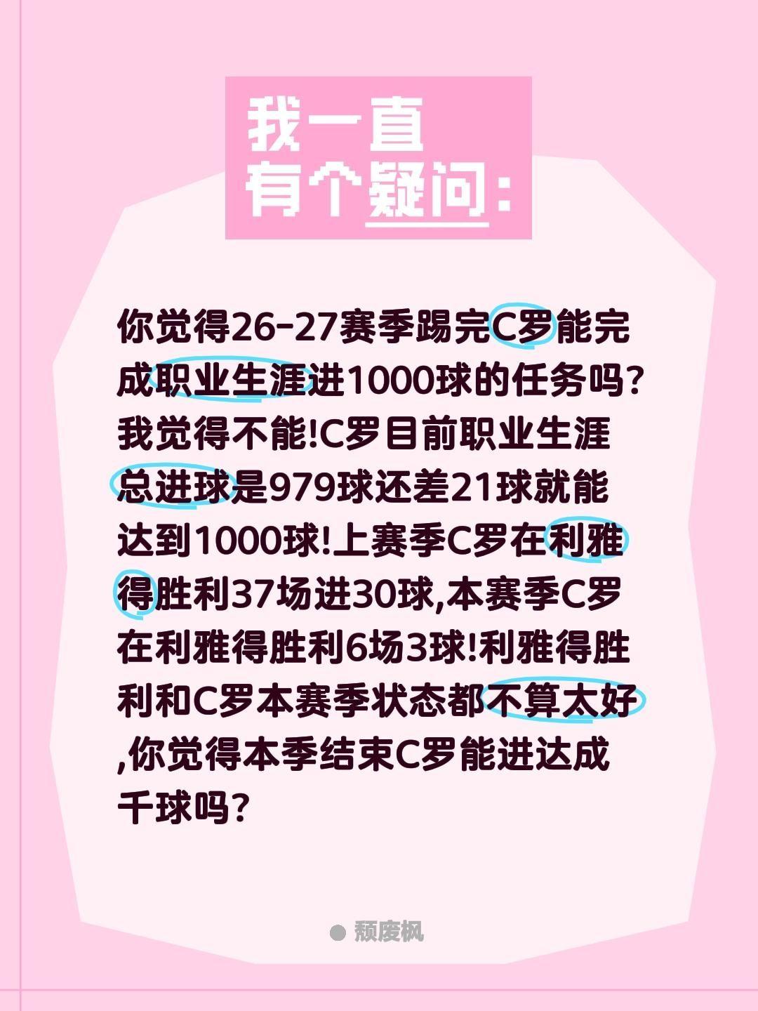 你觉得本季完C罗能完成千球任务吗?你觉得26-27赛季踢完C罗能完成职业生涯进1
