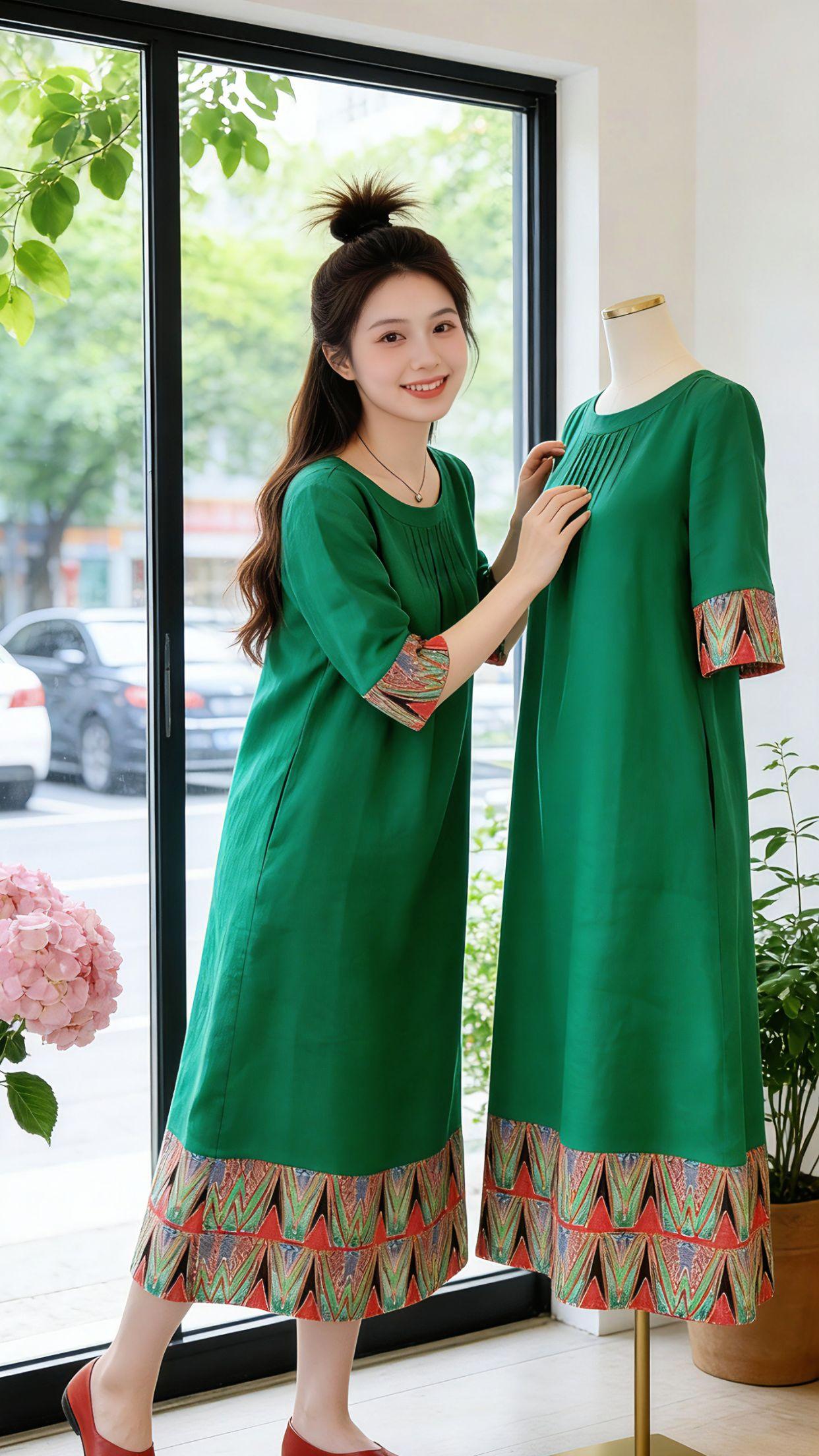 谁懂啊！夏天就爱这种自带松弛感的棉麻裙！清清爽爽的显白绿色，民族风拼接细节超有韵