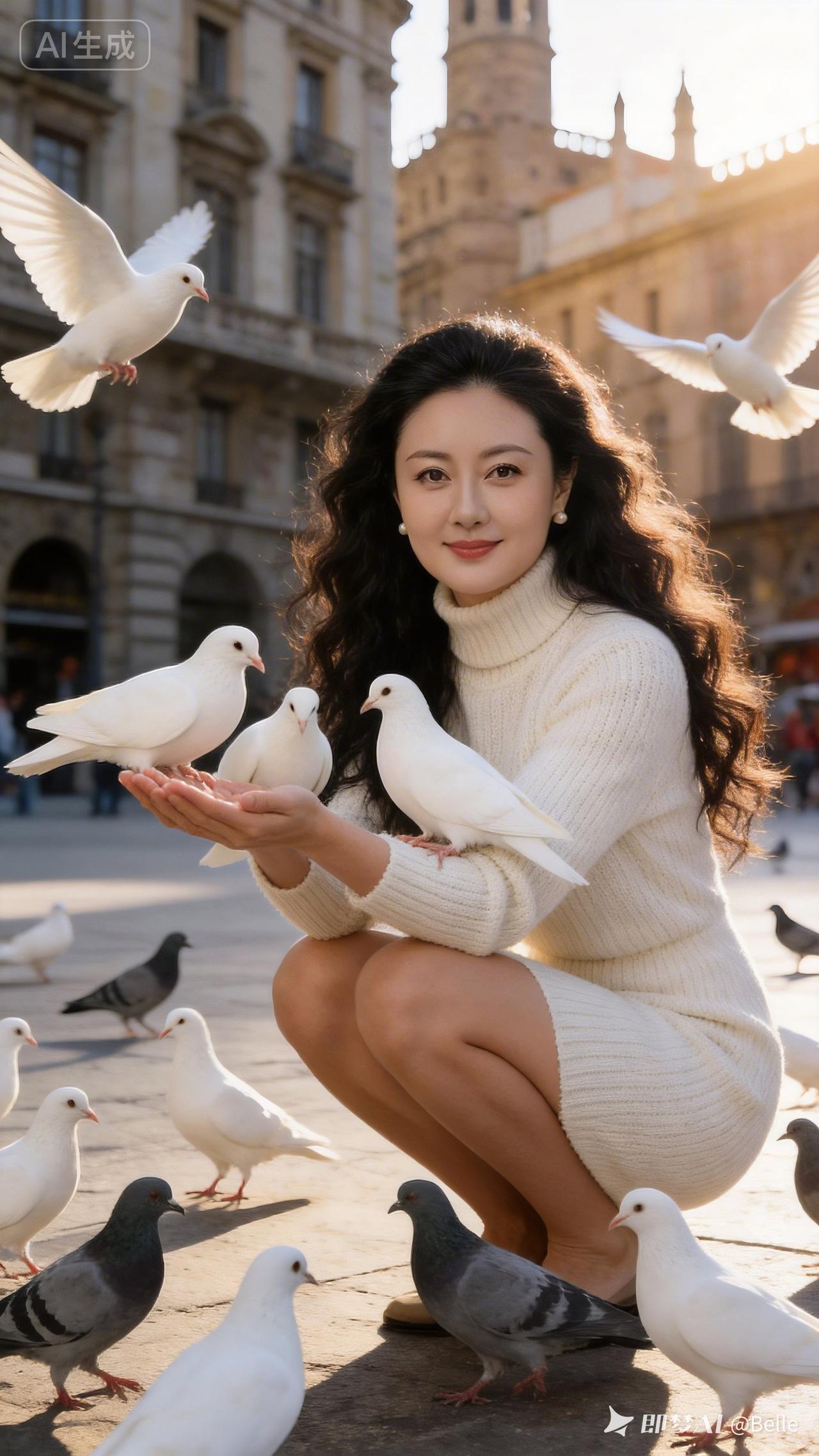 在阳光下的广场上，温柔地与鸽子互动，感受宁静与美好。🕊️💕