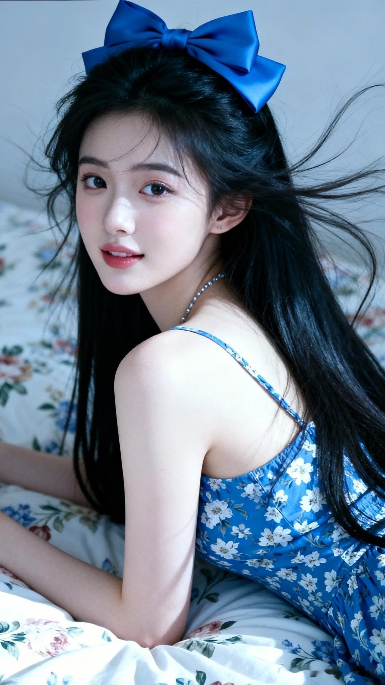 甜美少女风，蓝色蝴蝶结发饰，清新夏日穿搭。有哪些可爱的图片