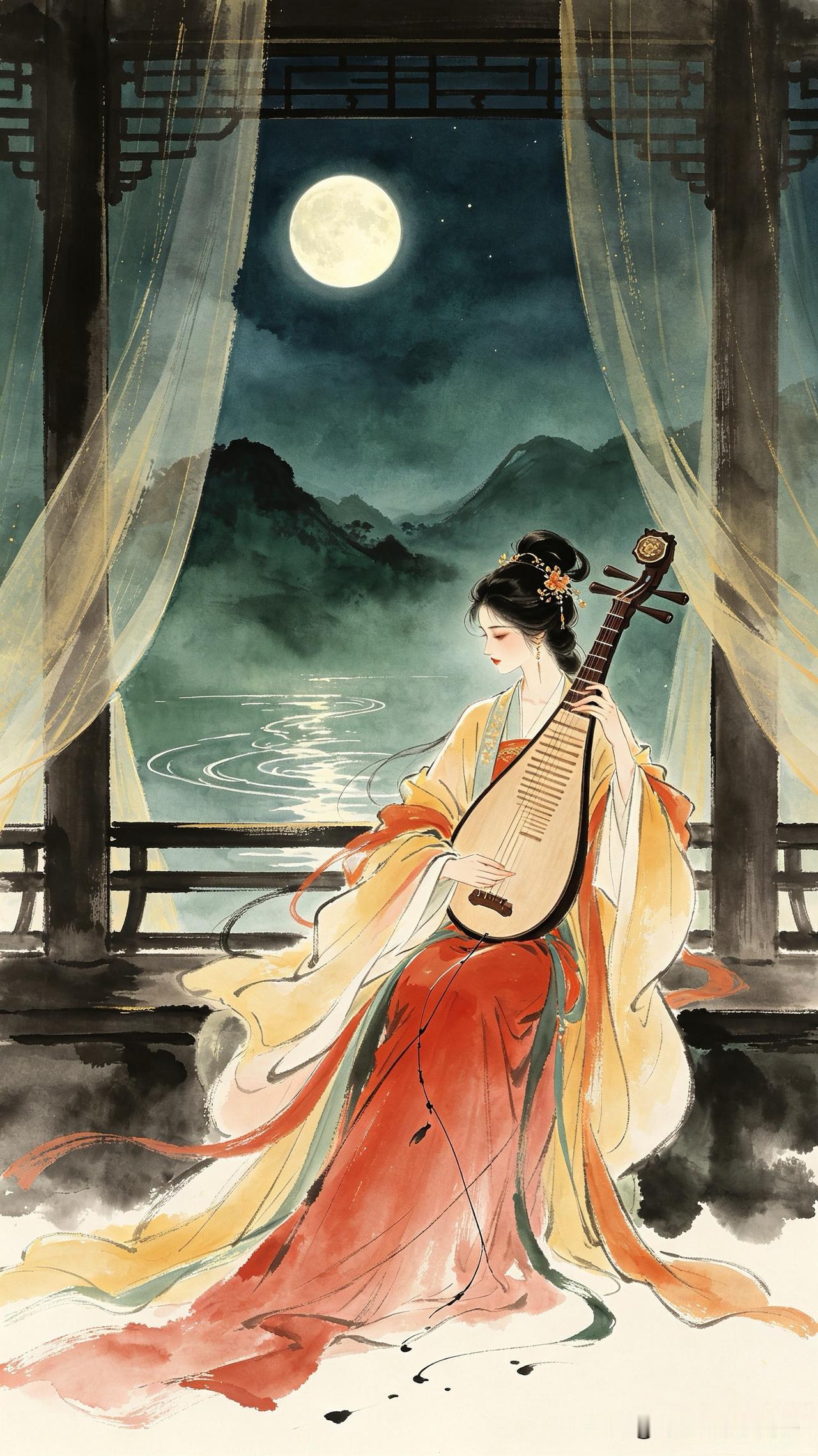 玉楼帘静月华柔，
一曲琵琶寄别愁。
弦断声消人未寐，
     
…………请师友