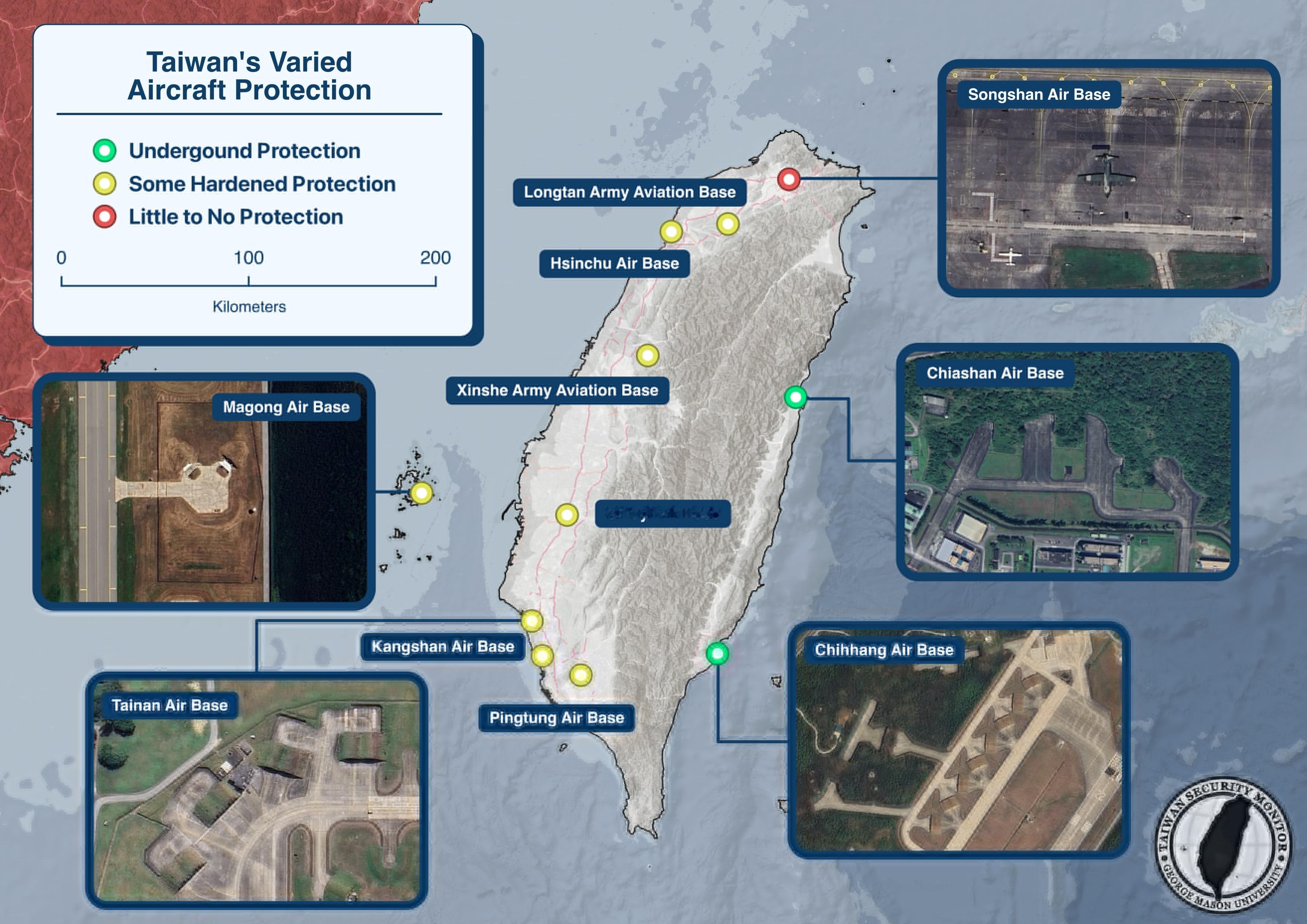 台湾空军基地经过多年的经营，已经具备了地上、地下坚固机堡/工事。在我军四代半、五