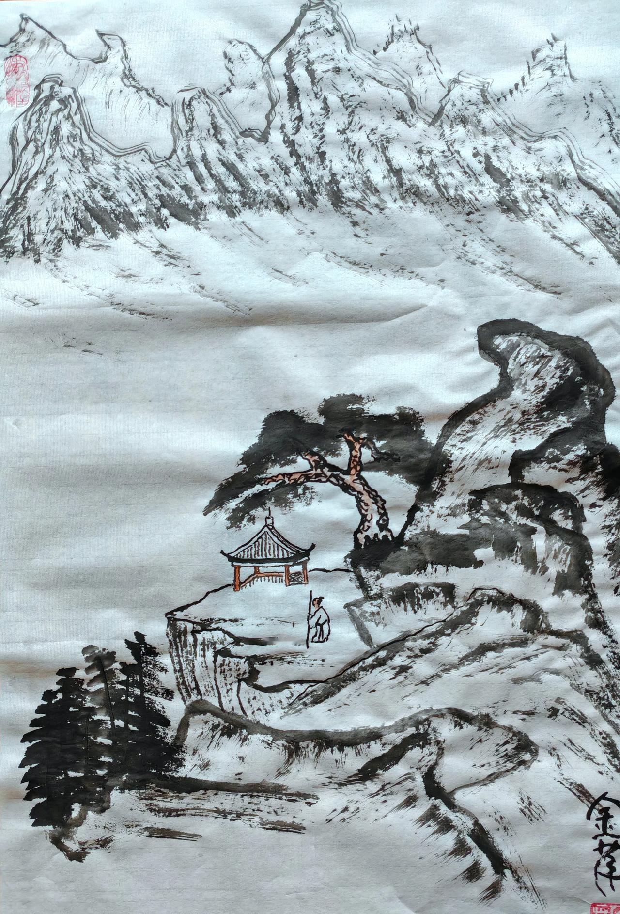 一夜秋风天渐凉，
寒霜尽染菊花黄，
蓝天白水映红日，
绿树青山着素装。