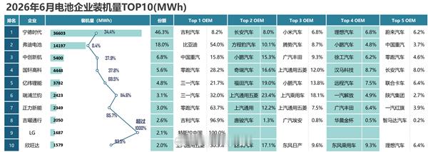 【小米成宁德时代第三大客户，超理想、蔚来】乘联分会2026年6月动力电池企业装机