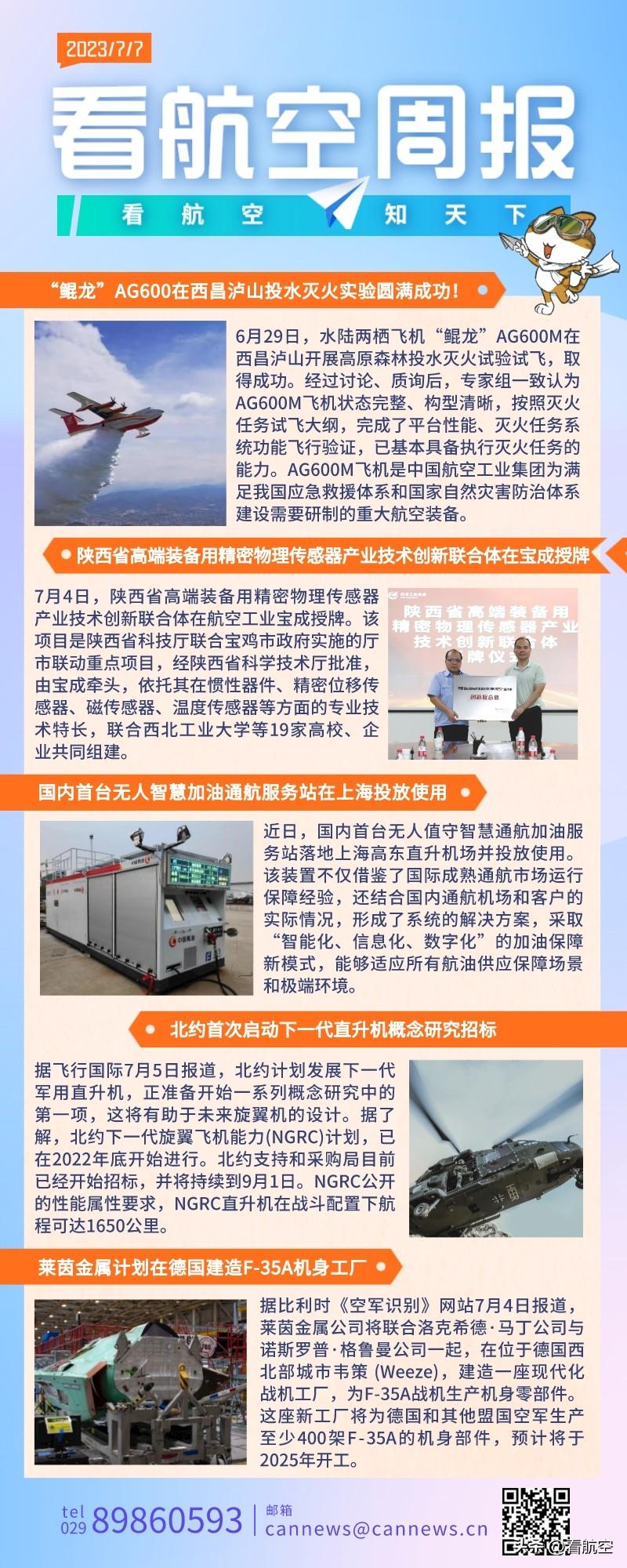 7.7周报
1、“鲲龙”AG600在西昌泸山投水灭火实验圆满成功！
2、陕西省高