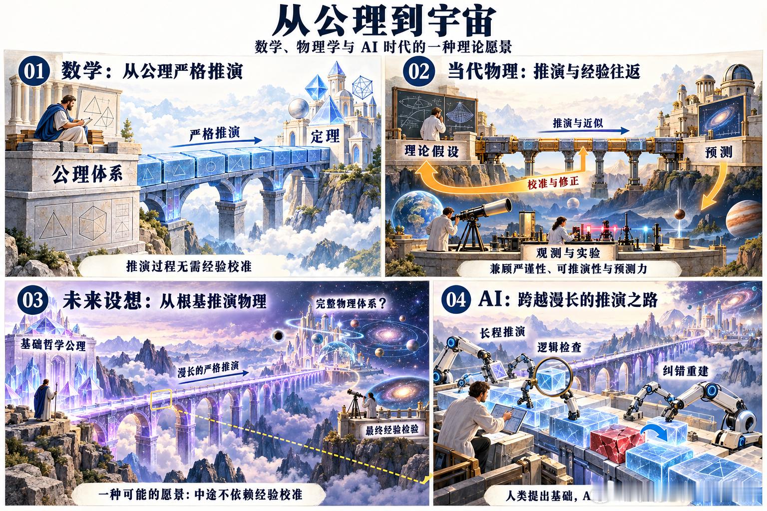数学是这样的：从一套公理体系出发，经过严密的逻辑推理就能得到所有的结果，中间无需