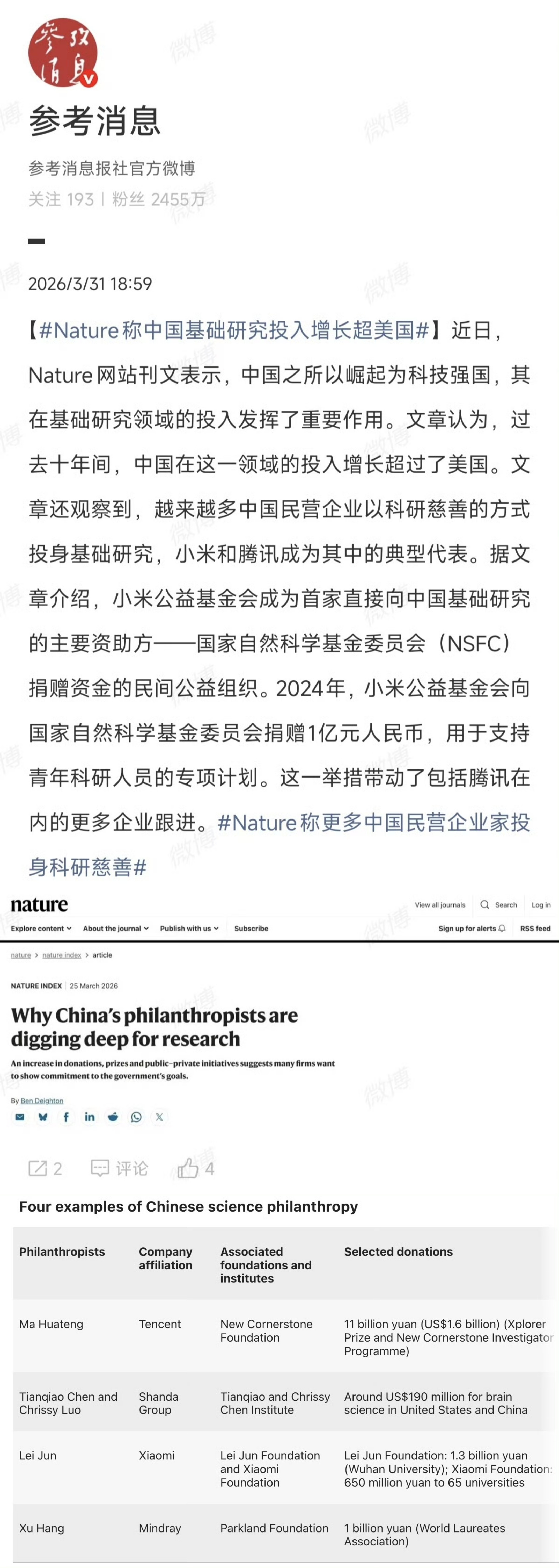 越来越多中国民营企业以科研慈善的方式投身基础研究，小米和腾讯成为其中的典型代表。