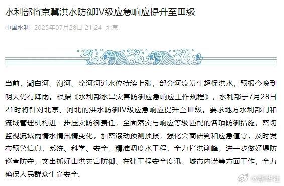 【水利部将#京冀洪水防御Ⅳ级应急响应提升至Ⅲ级#】当前，潮白河、泃河、滦河河道水
