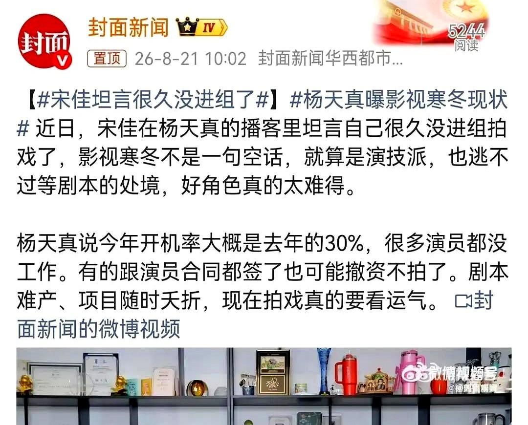 连拿了金鸡奖和白玉兰奖的宋佳，都八个月没进组拍戏了。

她在采访里说得挺坦然，觉