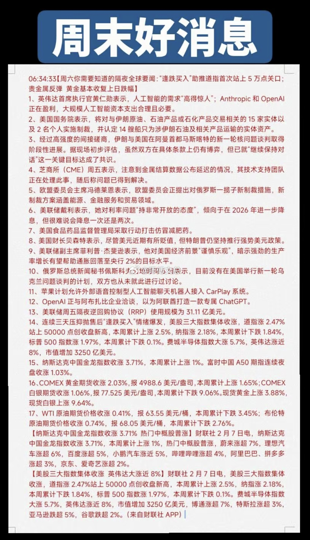 2.7周六  全球周末财经：利好消息汇总！1.黄仁勋：人工智能大模型2.美股三大