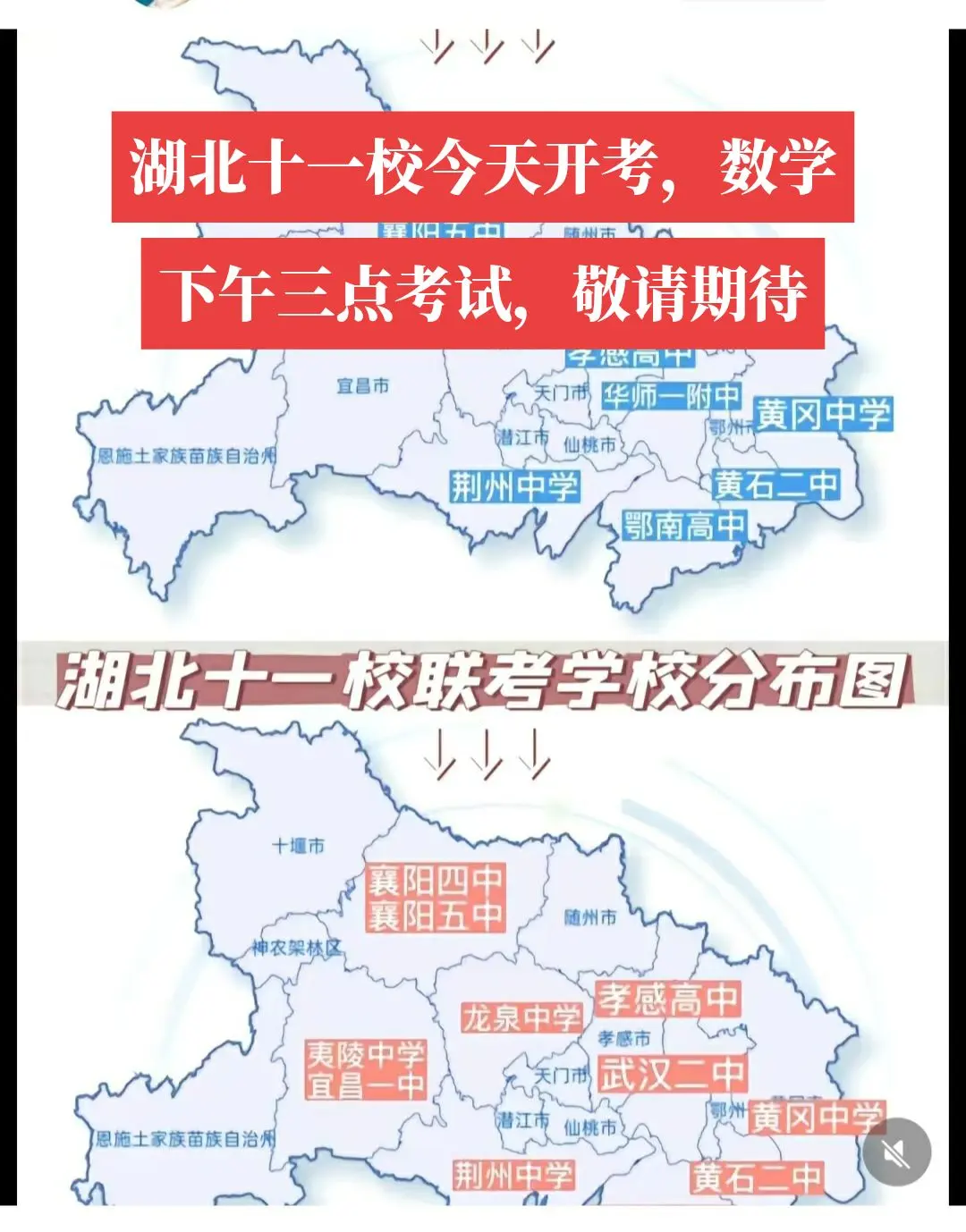 湖北十一校联考已经开始了！如果说T8联考代表了新高考八省最高级别的联考，T8一出，寸草不生！那么湖北十一校联考，则是代表了湖北省最高级别的联考，这一联考传统延续了三十多年！相信过去三十年，每一个湖北学子！都做过湖北八校联考试题！也是湖北最重要的考试！全部是地区级第一名校！这八校是华师一附中、襄阳五中、襄阳四中、黄冈中学、荆州中学、黄石二中、鄂南高中、孝感高中！近两年，由于华师一附中要代表湖北参加八省T8联考，退出八校联考，同时增加这些年新起的后期之秀名校！武汉二中、宜昌一中、夷陵中学、龙泉中学！由湖北八校联考变成了十一校联考！考完后，将统一划分数线(清北线、强基线、武大华科线、211线、重本线、本科线)！对比各校排名！下午三点考数学，我们会第一时间分享试题到！