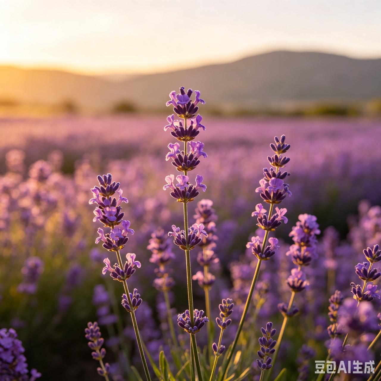 落日余晖漫过薰衣草田，成片紫花在暖光里轻轻摇曳，空气中仿佛萦绕淡淡的清香。远山朦