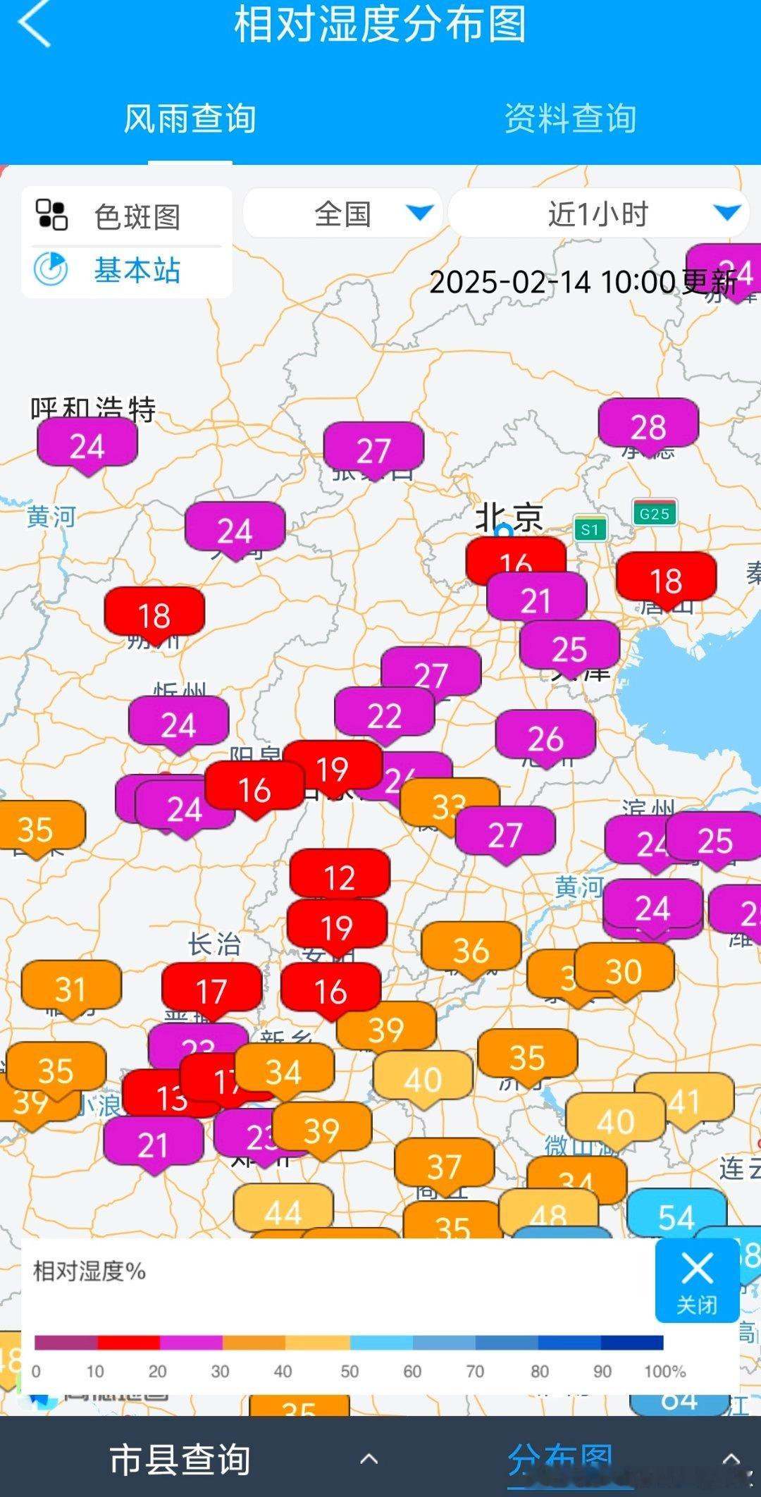 【干燥】今天上午华北多地相对湿度已经不到20%，河北阜平10时相对湿度只有9%。