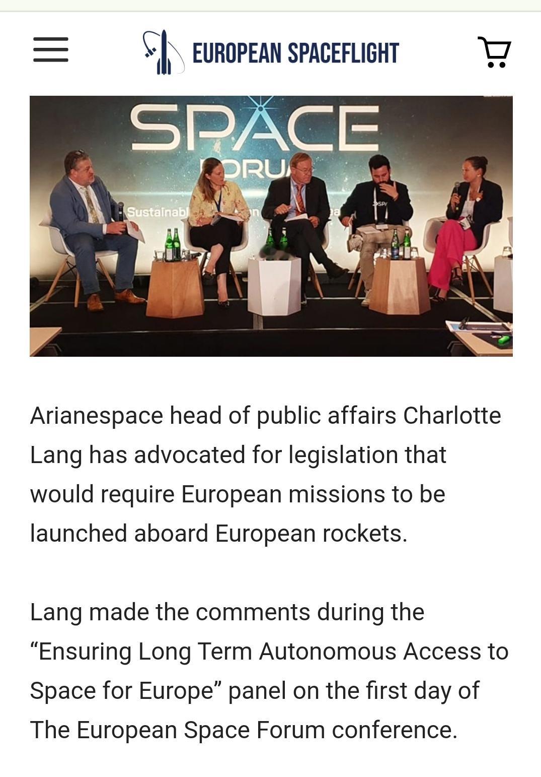 阿丽亚娜空间公司公共事务负责人夏洛特·朗在太空论坛会议上倡导立法，要求欧洲任务必