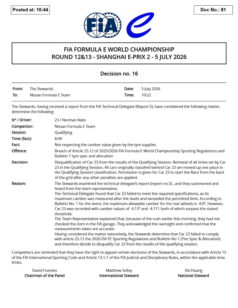 FormulaE2026fe电动方程式上海站 诺曼·纳托因为轮胎倾角违规，被取消