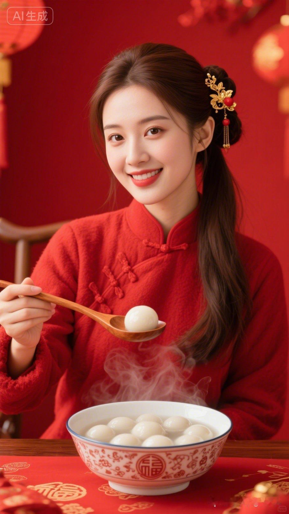 新年快乐！🎉 红红火火过新年，一碗热气腾腾的汤圆，甜蜜一整年！🍲💖