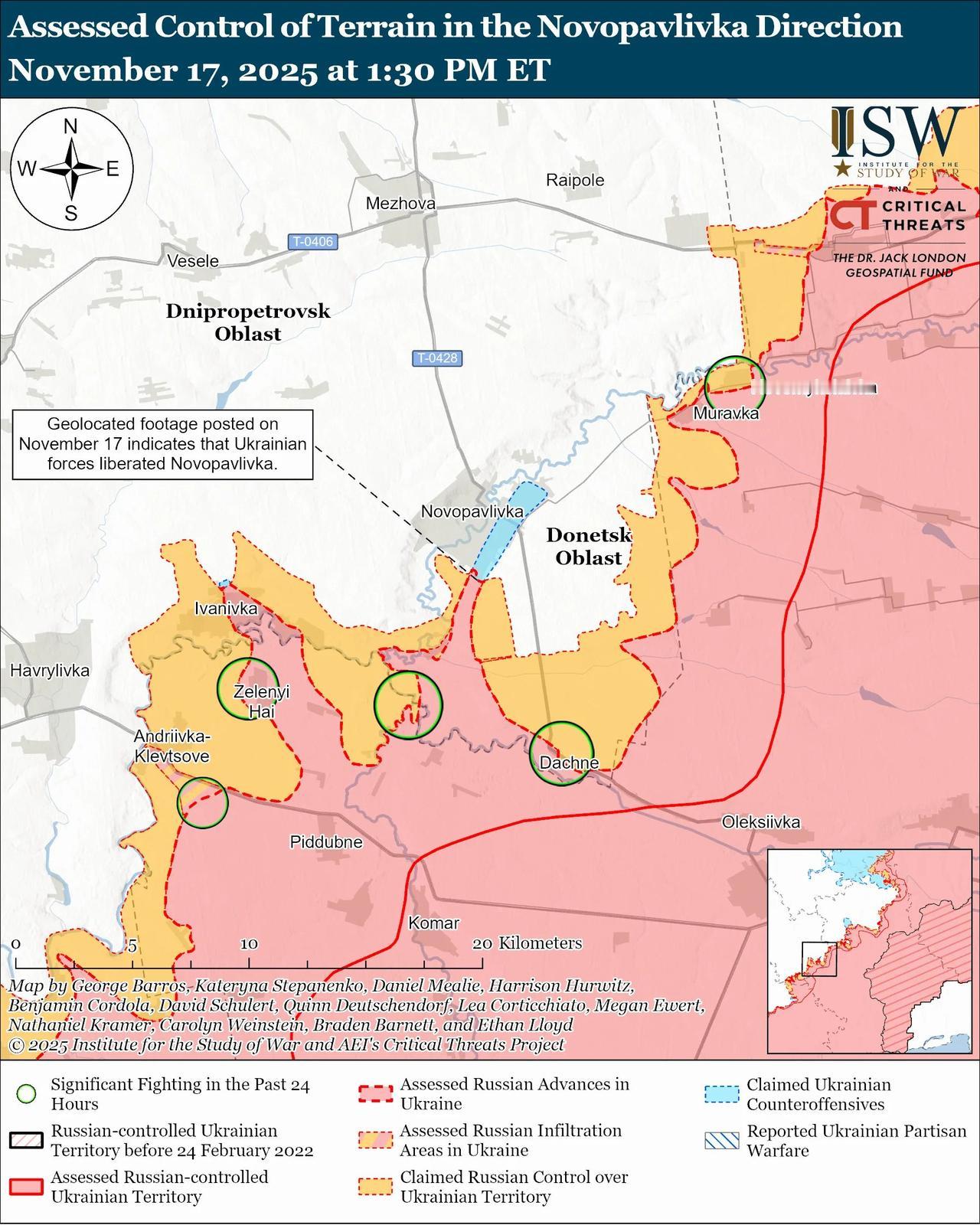 乌克兰部队最近在诺沃帕夫利夫卡重新夺取了阵地。11月17日发布的地理位置照片显示