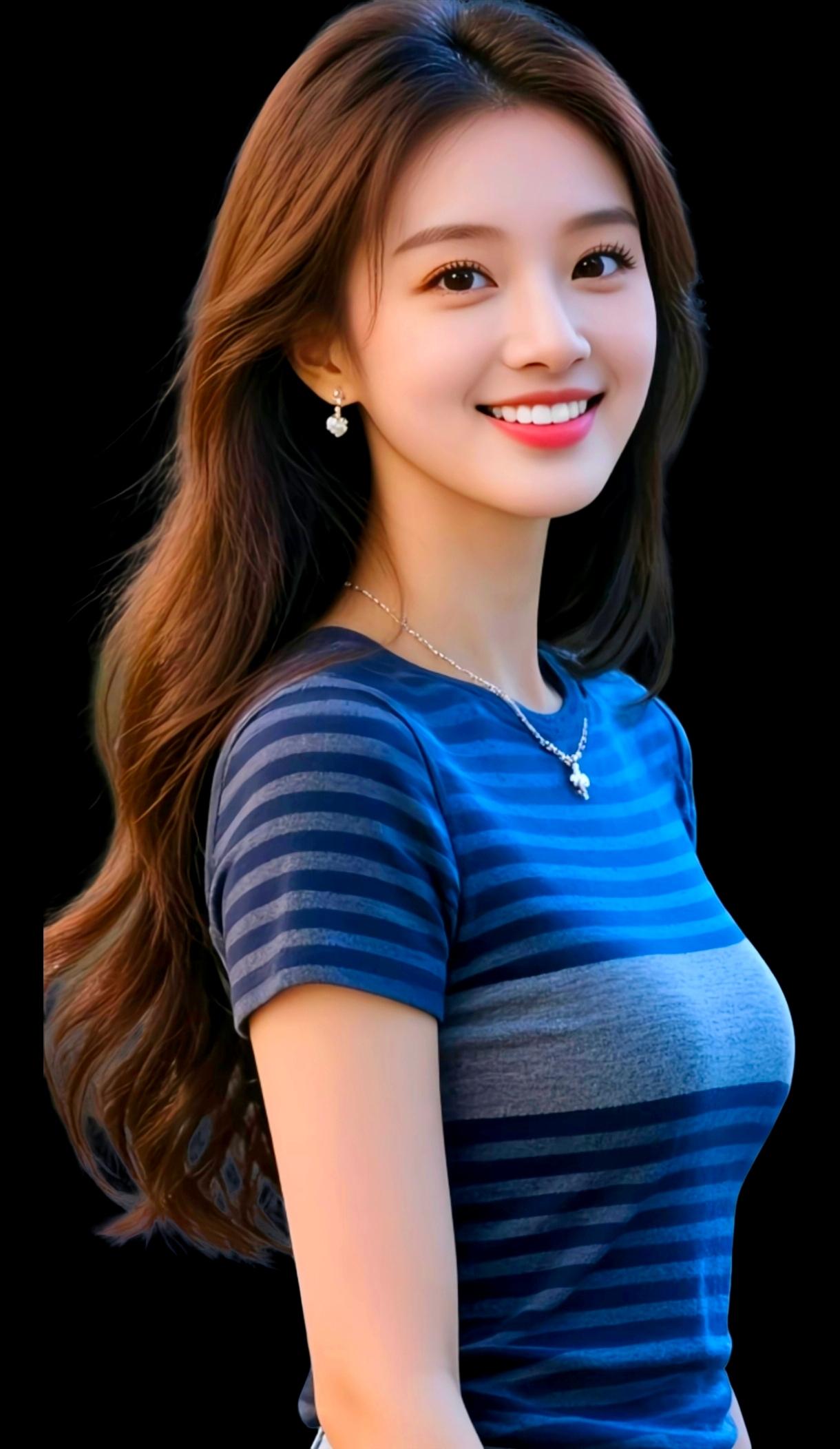 甜美笑容，蓝条纹T恤，温柔可人，少女心满满！💖✨怎样穿搭知性又显身材? 展示你
