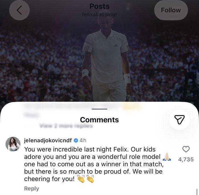 伊莲娜·德约科维奇在阿里亚西姆Instagram上留言
“费利克斯，你昨晚的表现