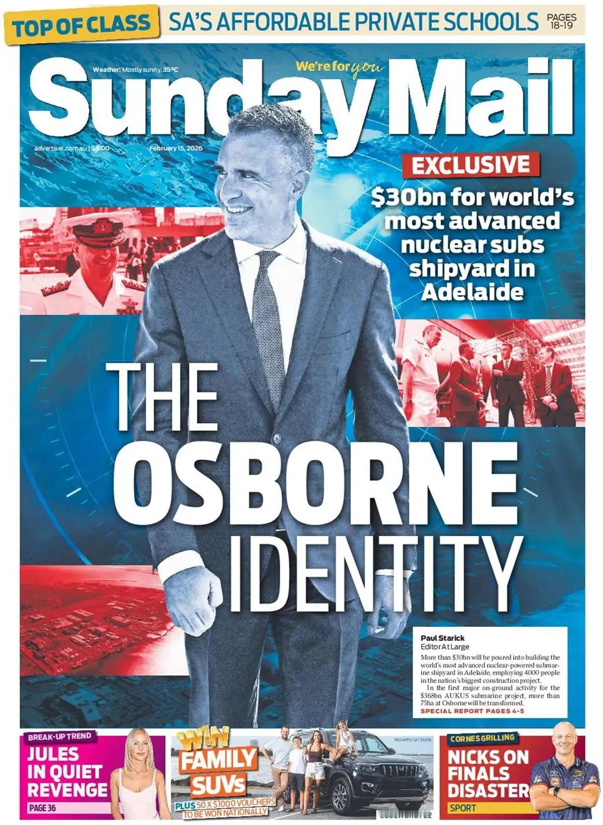 澳大利亚以为有了核潜艇就可以“雄霸一方”，真是“天真幻想”。
《星期天邮报》头版