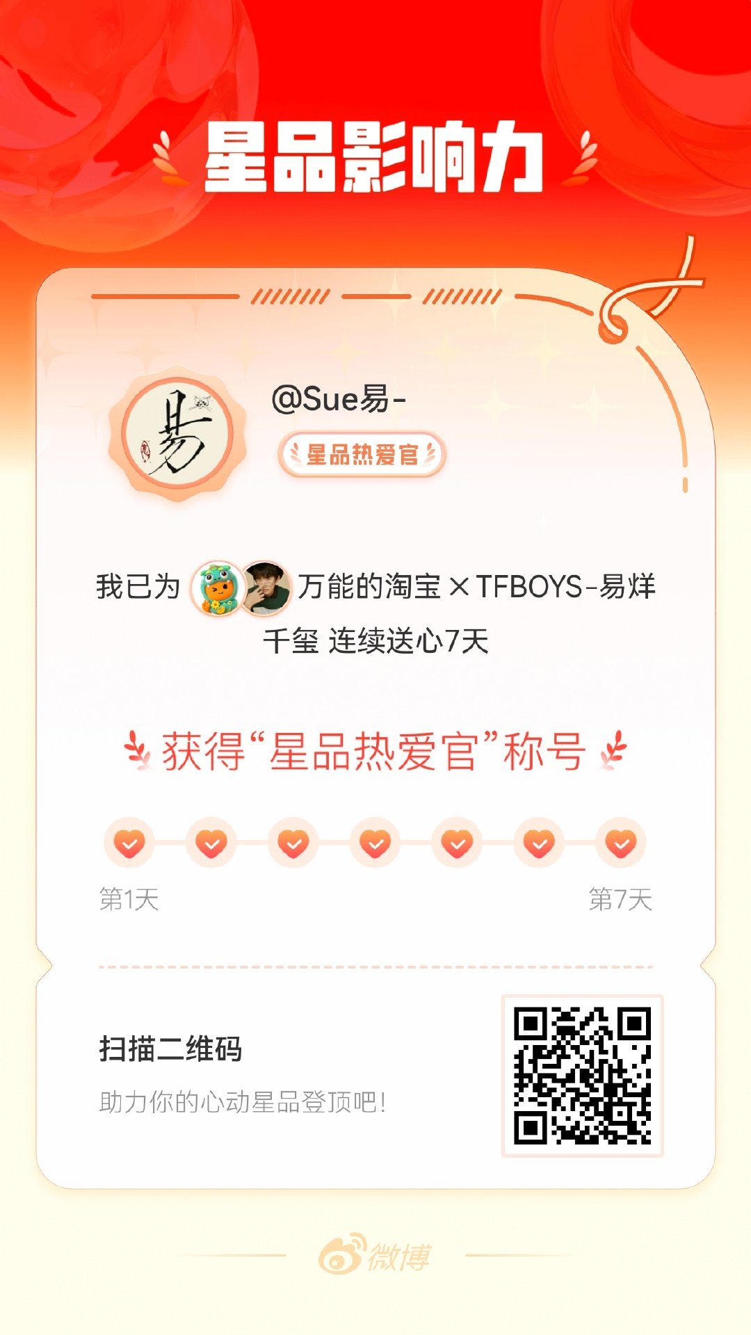 我在星品影响力上为 X 连续送心7天，获得“星品热爱官”称号！快来一起pick你