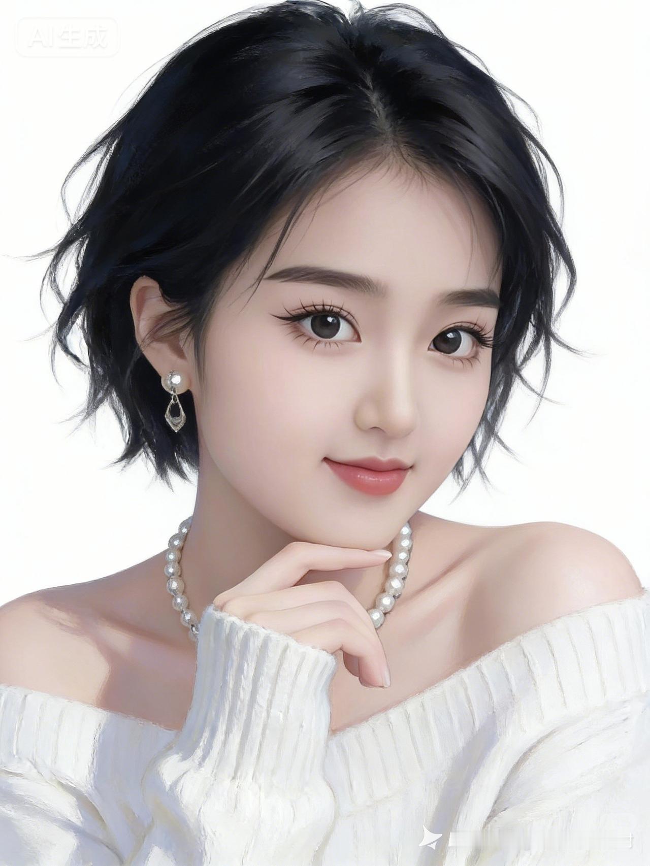 女子妆容精致，睫毛纤长，黑色凌乱短发随性迷人。她身着白色一字肩毛衣，佩戴耳环与项