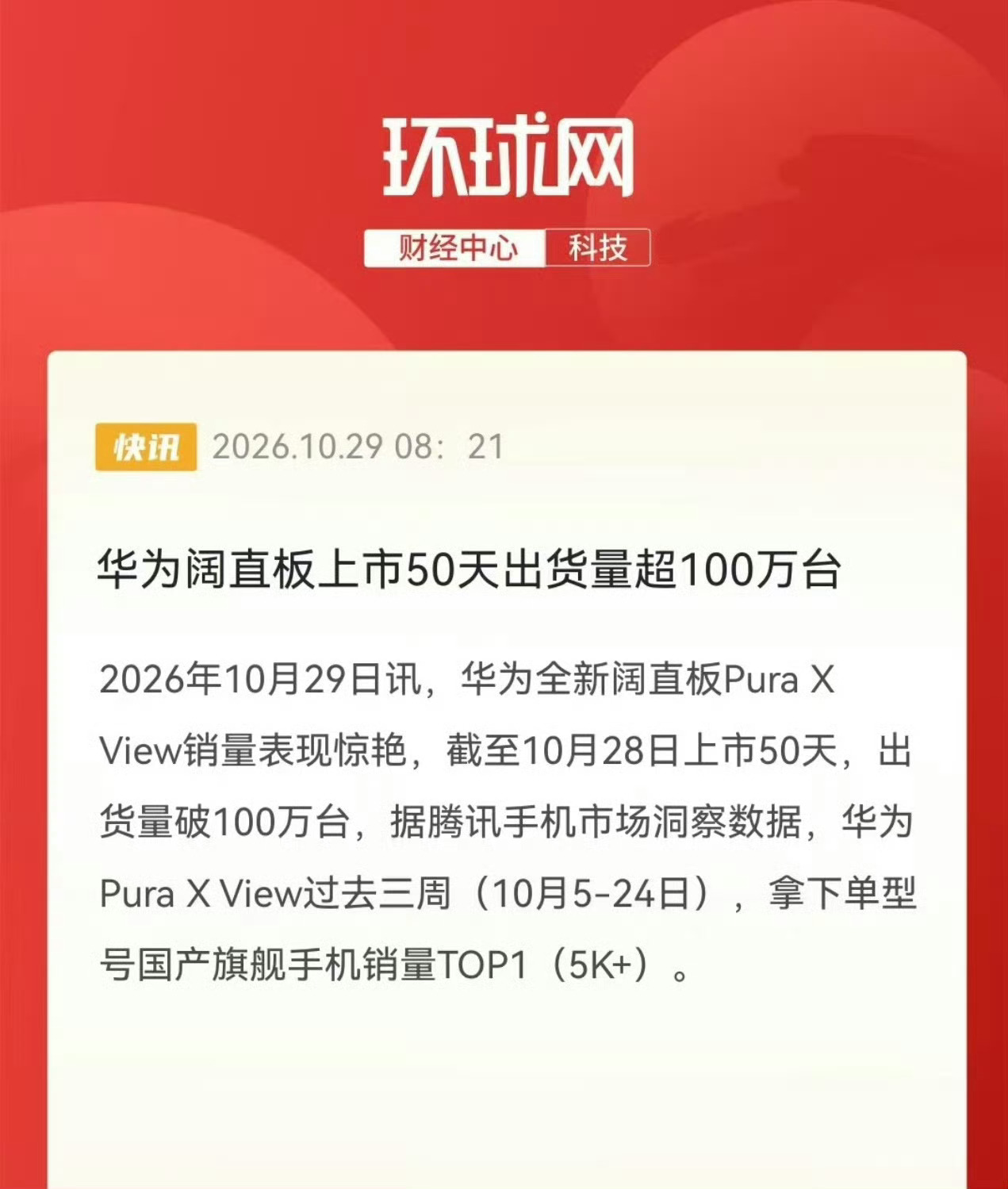 华为阔直板50天出货超100万台作为一个新开创的产品，能有这样的销量，算是非常非